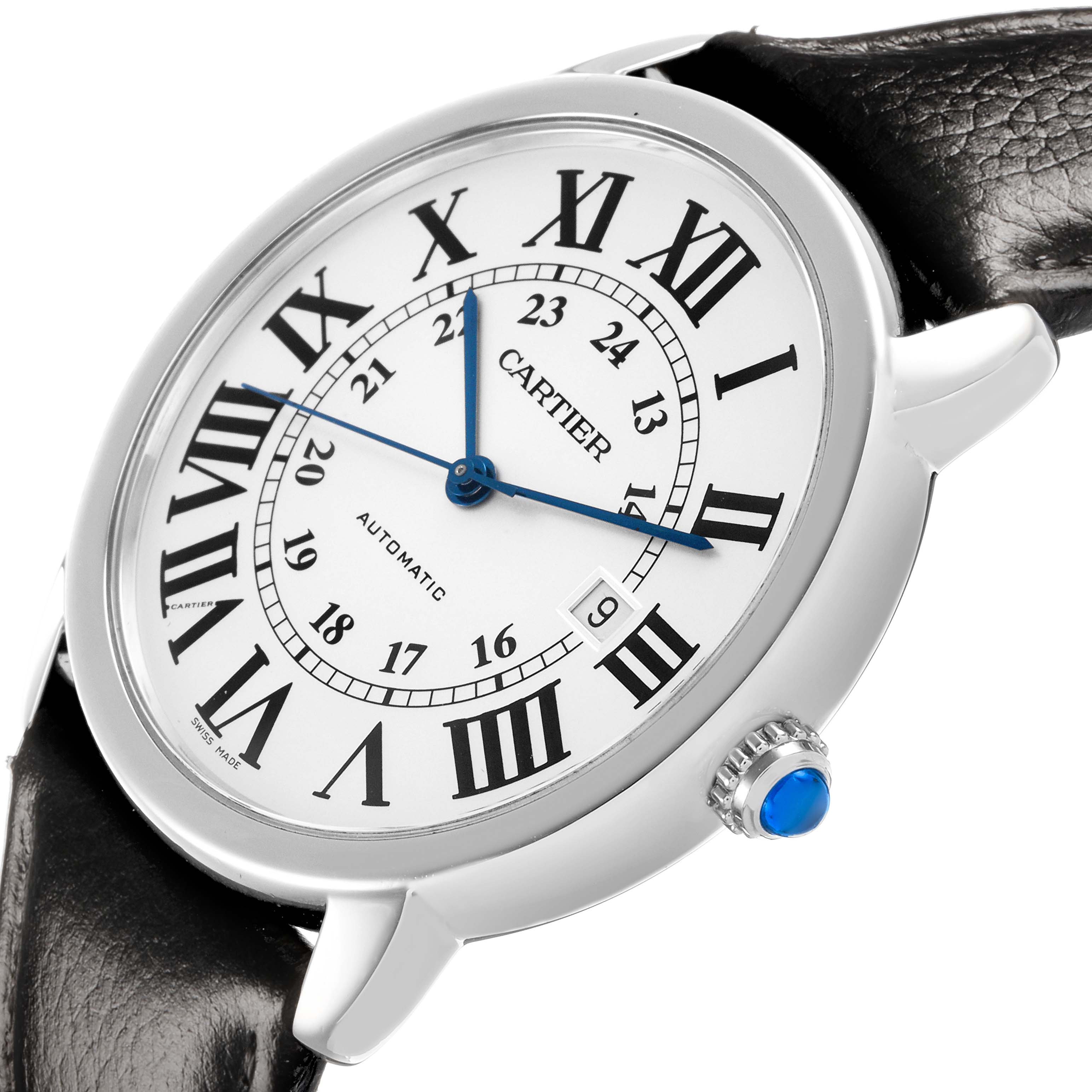 The Cartier Ronde W6701010 Men's Stainless Steel Silver Dial watch is shown at a slight angle, displaying the face, Roman numerals, and the blue crown detail.