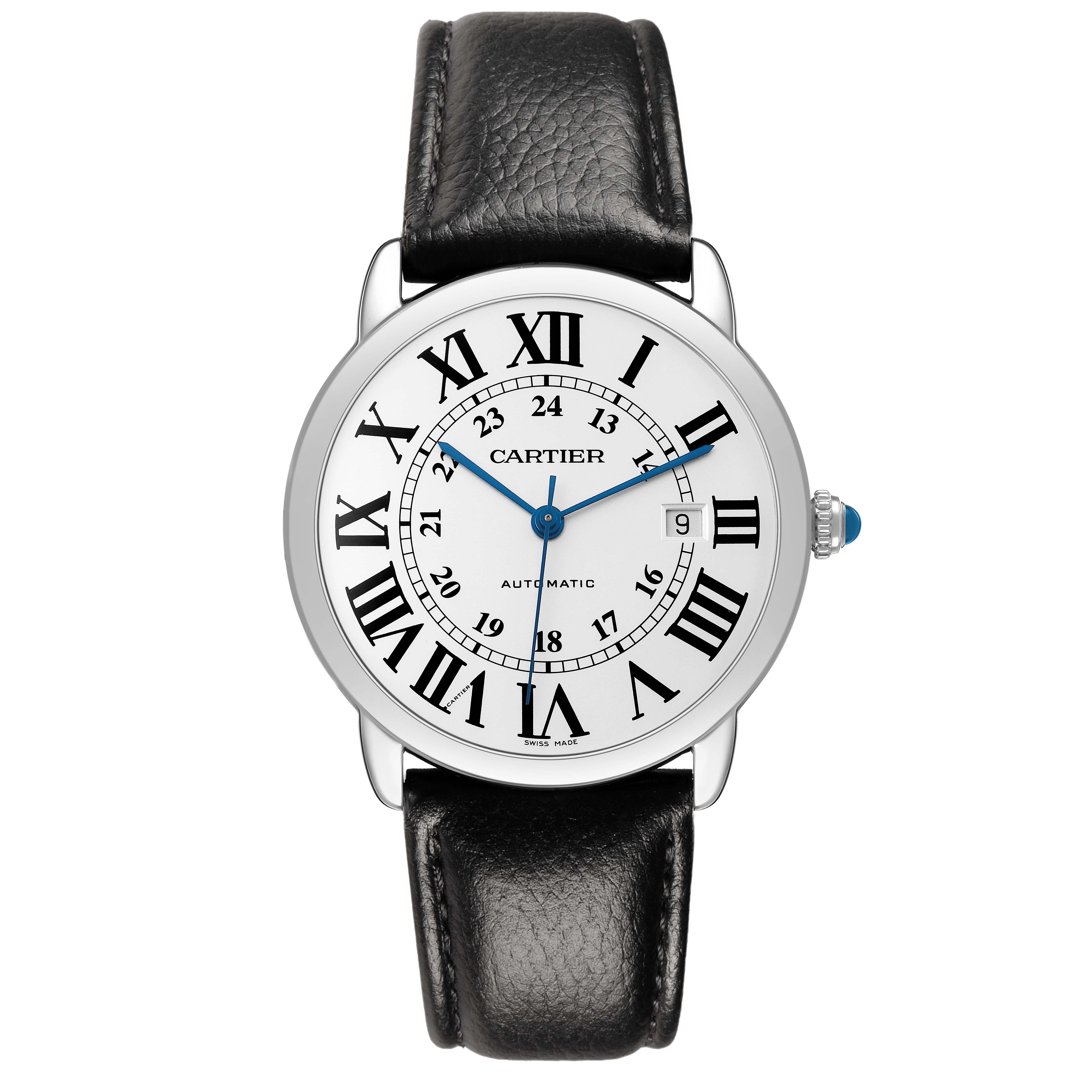 The Cartier Ronde W6701010 Men's Stainless Steel Silver Dial watch is shown from the front, displaying its dial, blue hands, Roman numerals, date window, and leather strap.