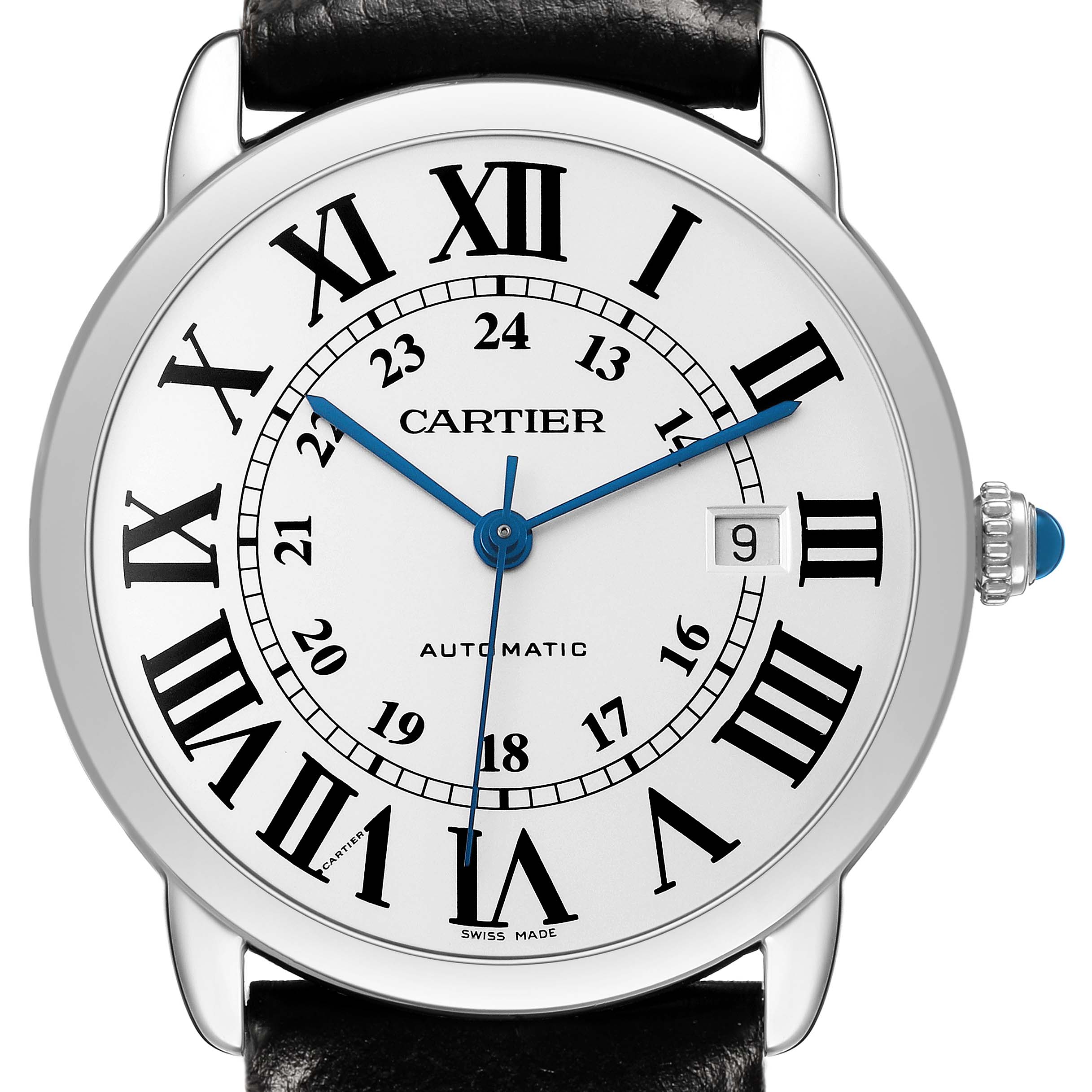 The Cartier Ronde W6701010 Men's Stainless Steel Silver Dial watch is shown from the front, displaying its Roman numerals, date window, and blue hands.