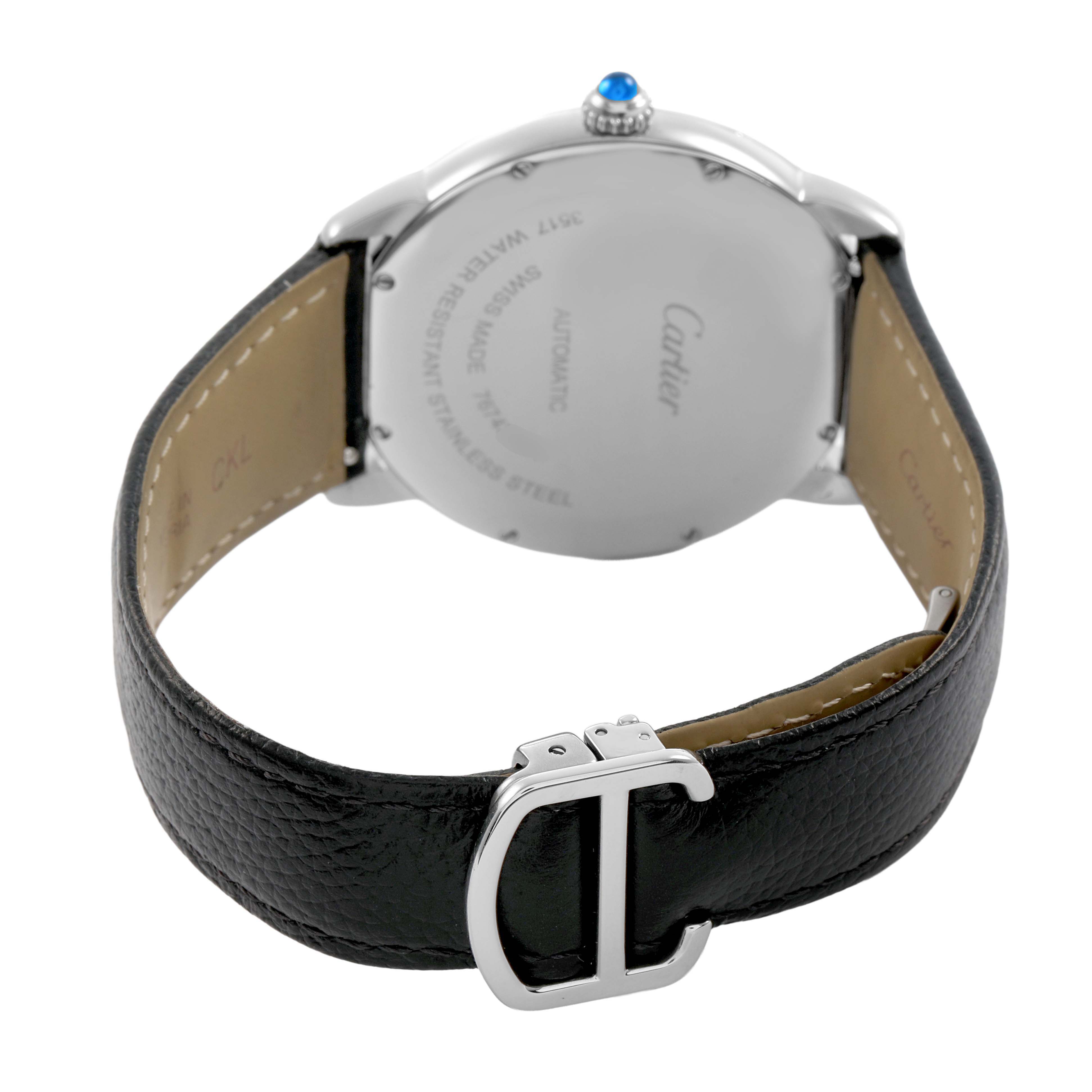 The image shows the back of the Cartier Ronde W6701010 Men's Stainless Steel Silver Dial watch, displaying the case back, crown, and buckle on a leather strap.