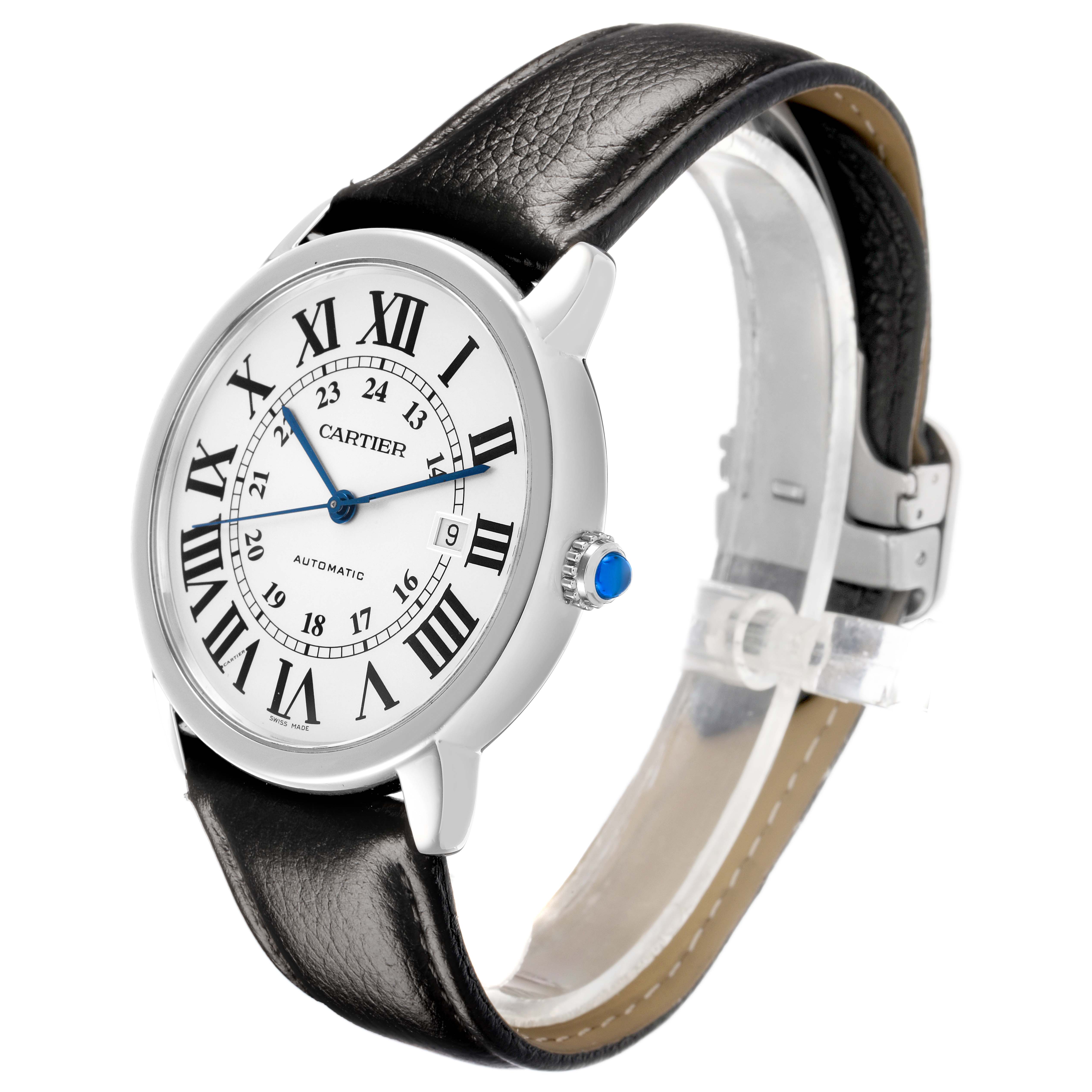 The Cartier Ronde W6701010 Men's Stainless Steel Silver Dial watch is shown at a three-quarter angle, displaying its face, bezel, crown, and leather strap.