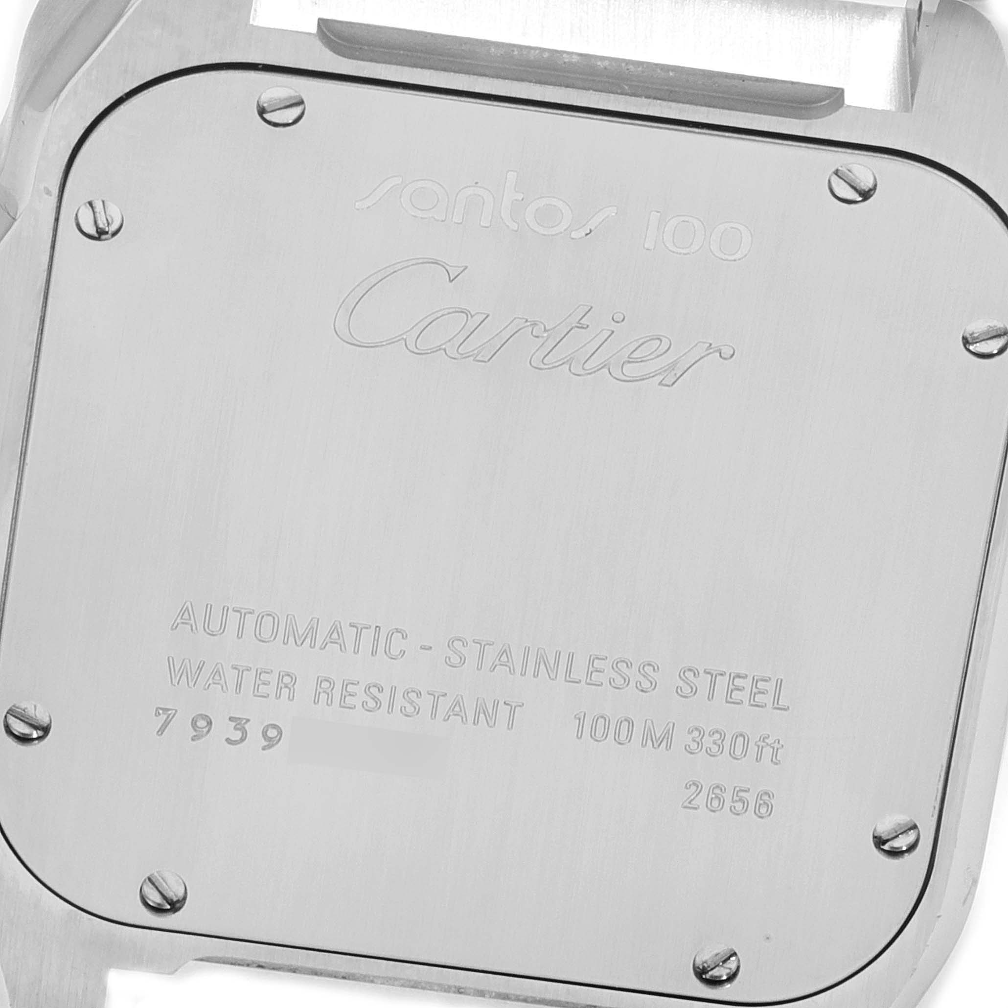 This is the back view of a Santos model watch by Cartier, showing the case back engravings and screws.