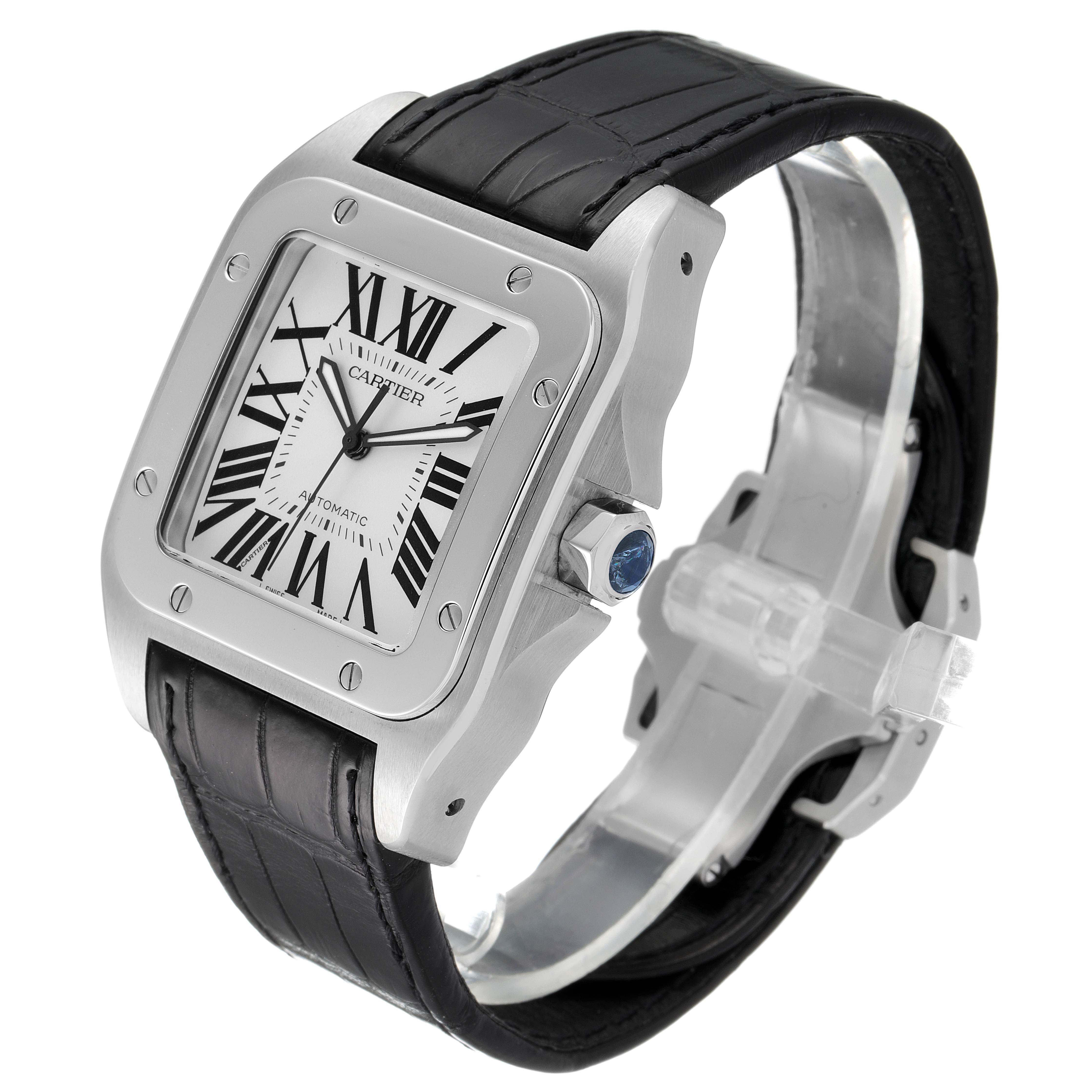 This image shows a Cartier Santos W20073X8 Men
s Stainless Steel Silver Dial W20073X8 Men
s Stainless Steel Silver Dial watch at an oblique angle, highlighting the face, bezel, crown, and strap.