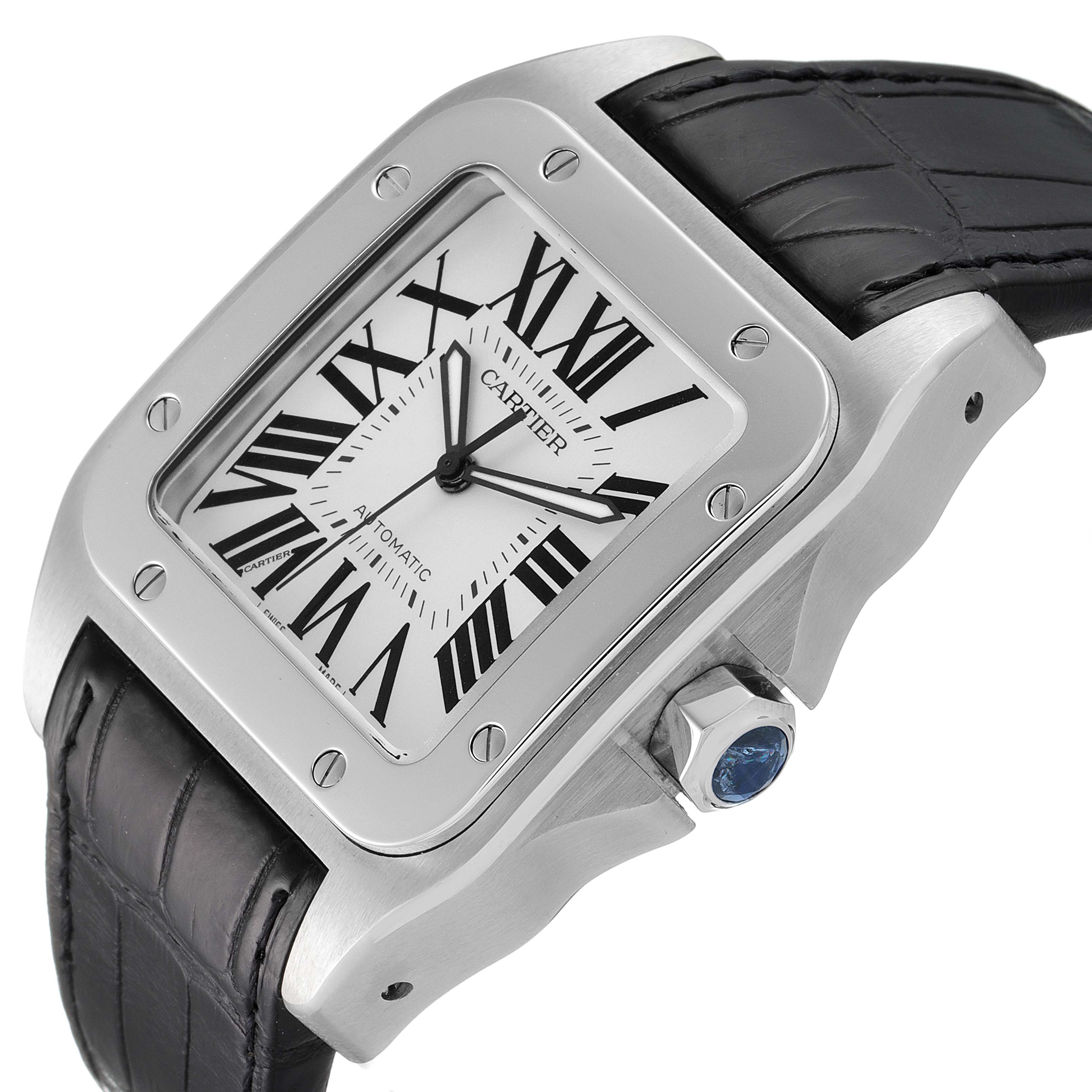 The image shows a Cartier Santos W20073X8 Men
s Stainless Steel Silver Dial W20073X8 Men
s Stainless Steel Silver Dial watch viewed at a side angle, highlighting the face, crown, and part of the leather strap.