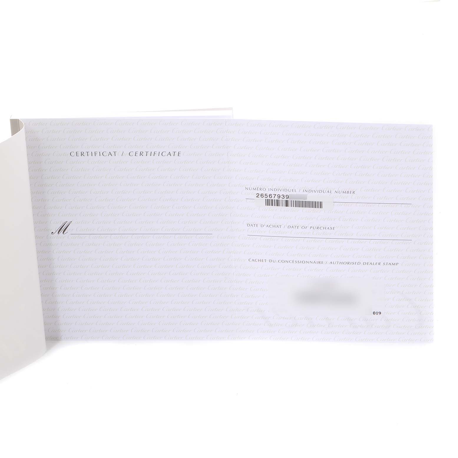 The image shows a close-up of the certification card for a Santos model by Cartier.