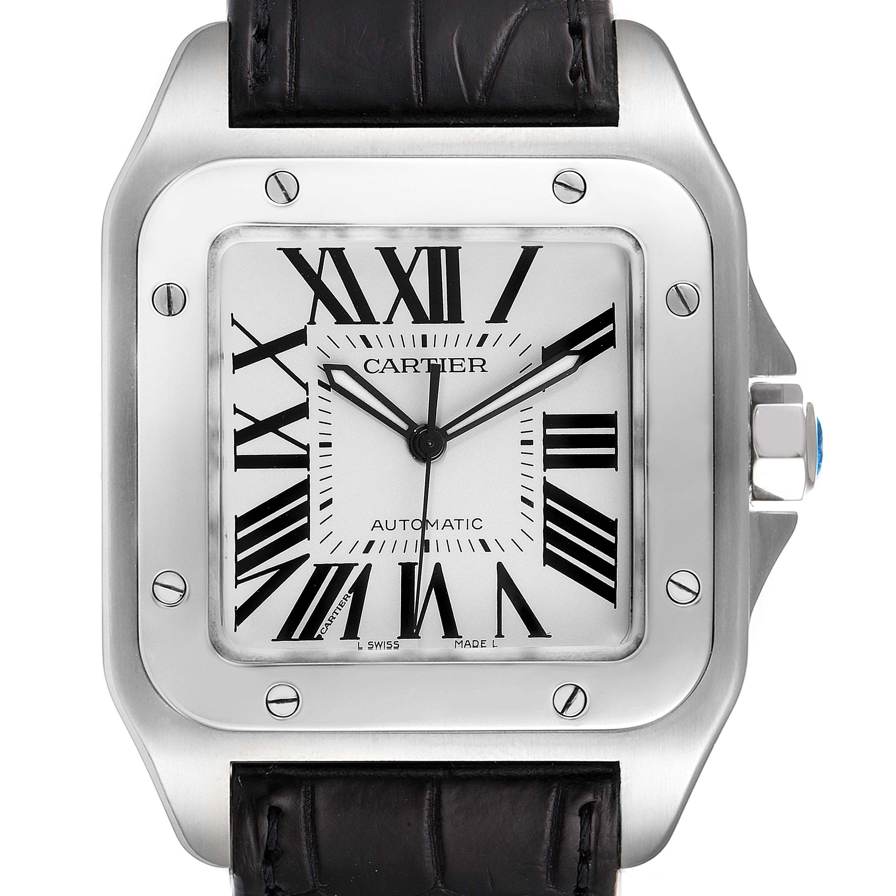 The image shows a front view of the Cartier Santos W20073X8 Men
s Stainless Steel Silver Dial W20073X8 Men
s Stainless Steel Silver Dial watch, highlighting its square dial, Roman numerals, and leather strap.