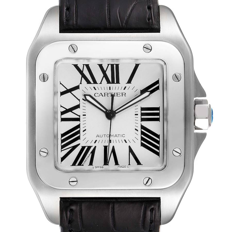 Cartier Santos 100 Silver Dial Black Strap Steel Watch W20073X8 Box Card SwissWatchExpo