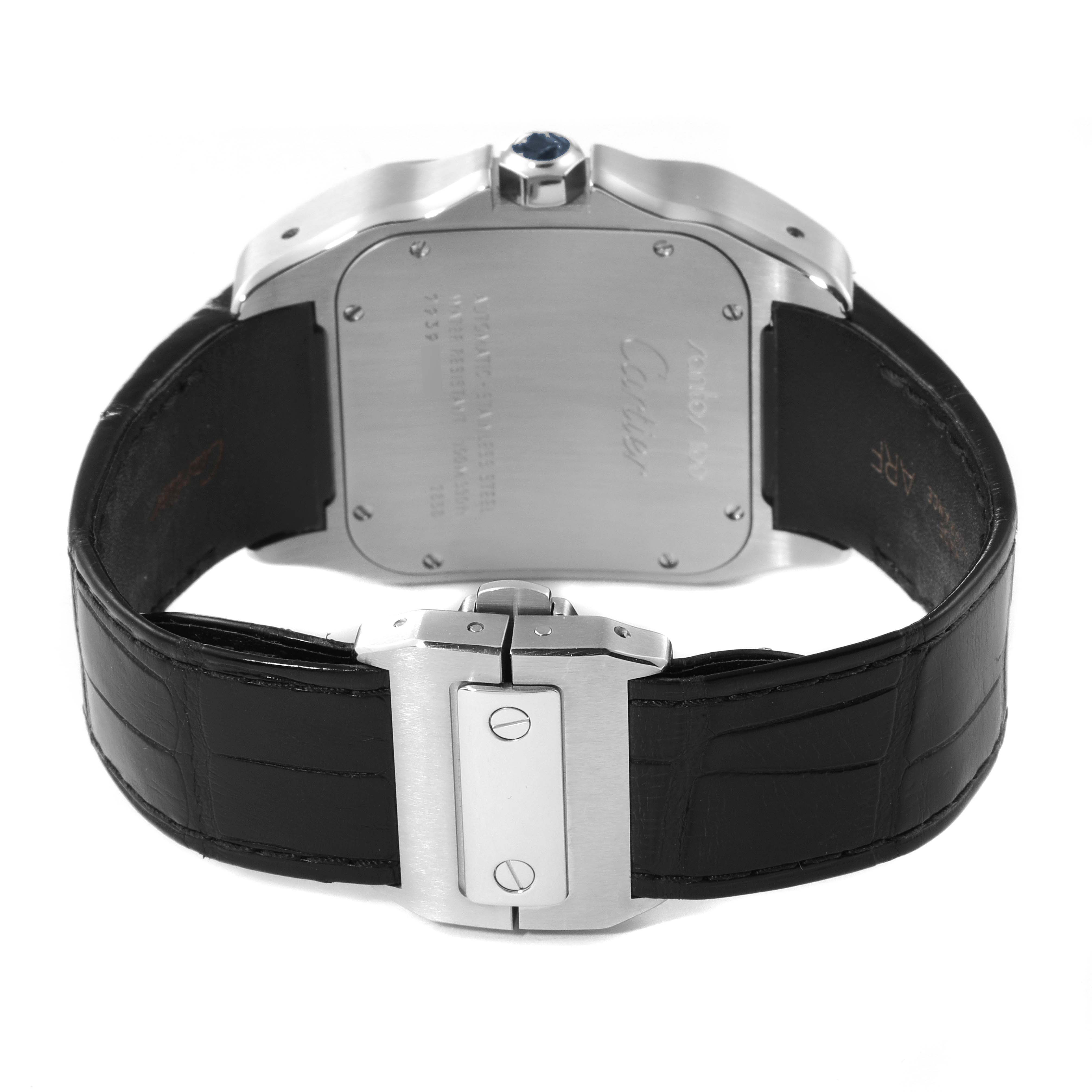 This image shows the back of a Cartier Santos W20073X8 Men
s Stainless Steel Silver Dial W20073X8 Men
s Stainless Steel Silver Dial watch, featuring the case back, crown, and black leather strap.