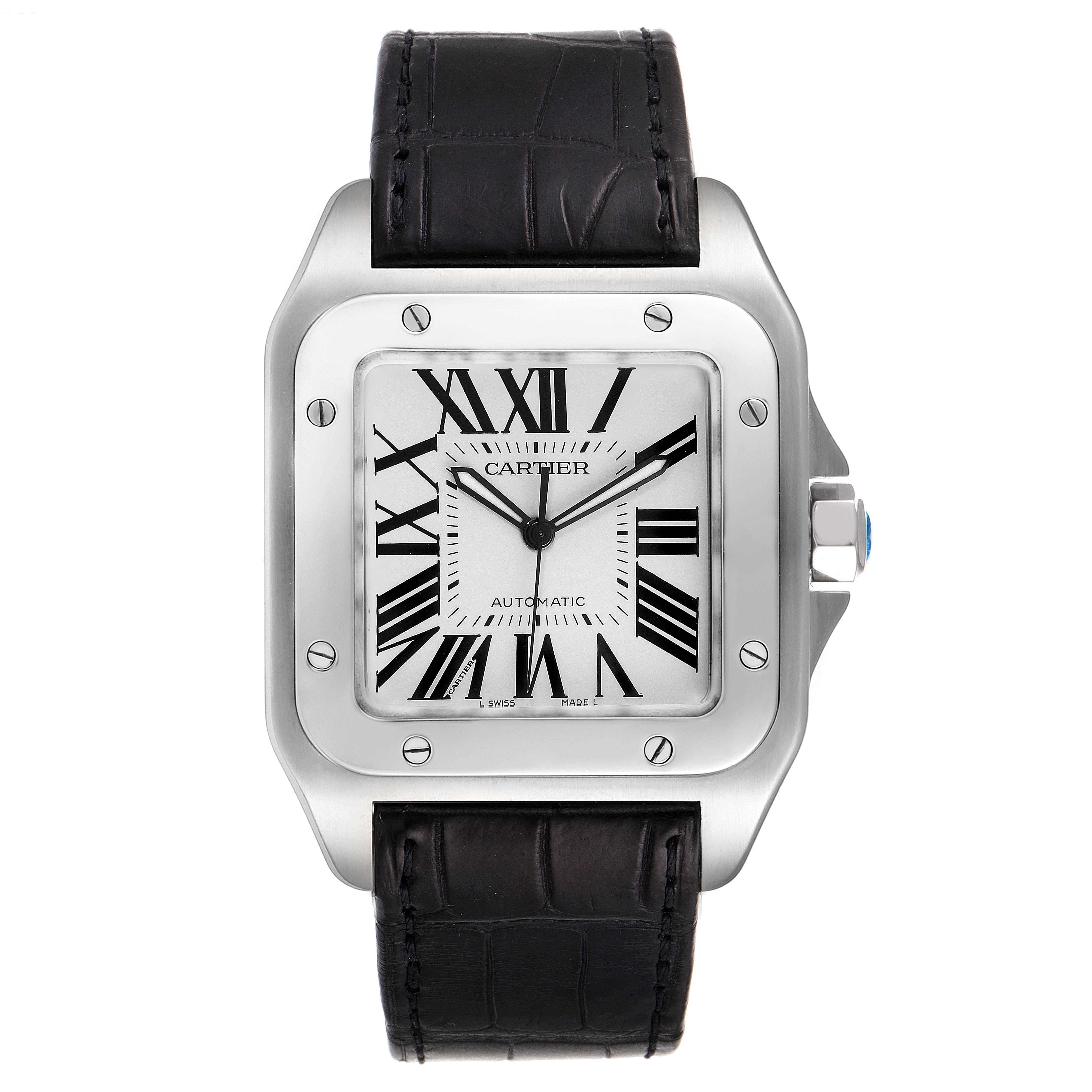 The Cartier Santos W20073X8 Men
s Stainless Steel Silver Dial W20073X8 Men
s Stainless Steel Silver Dial watch is shown from a front angle, highlighting its square face, black Roman numerals, and black leather strap.