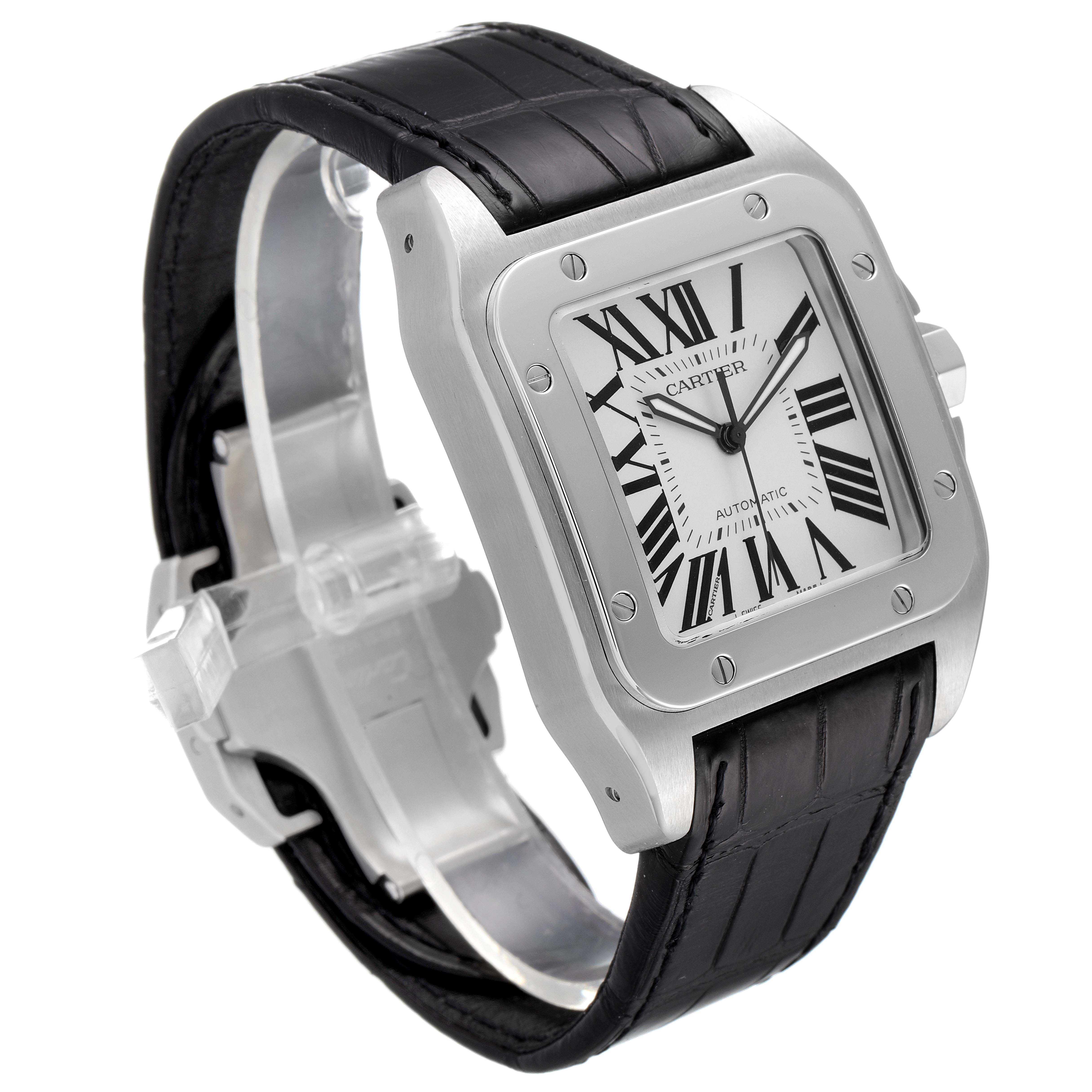 The image shows a Cartier Santos W20073X8 Men
s Stainless Steel Silver Dial W20073X8 Men
s Stainless Steel Silver Dial watch, featuring a rectangular case, Roman numeral dial, and a black leather strap viewed at an angle.
