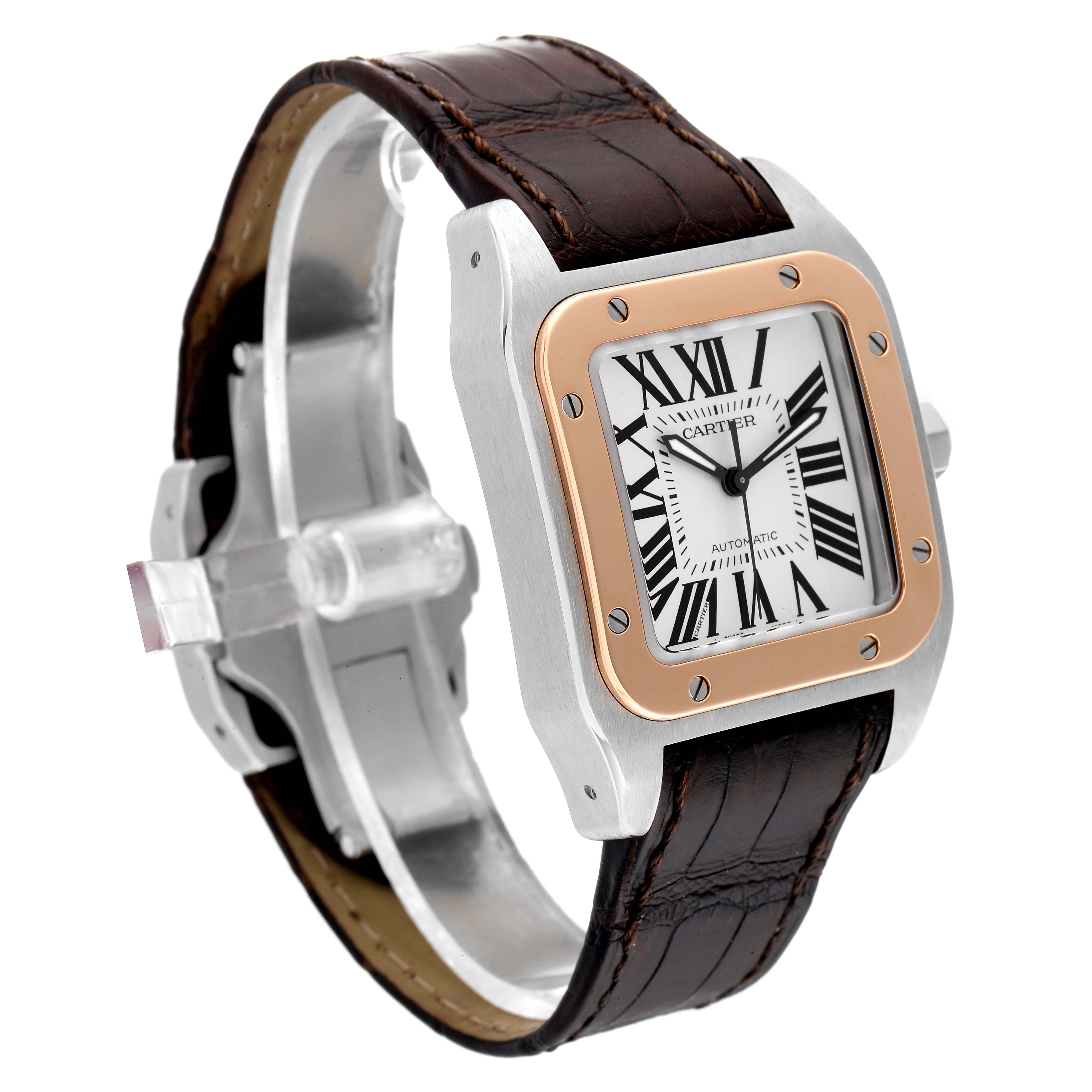 The image shows a Santos model by Cartier watch at a slight angle, highlighting the face, case, and leather strap.