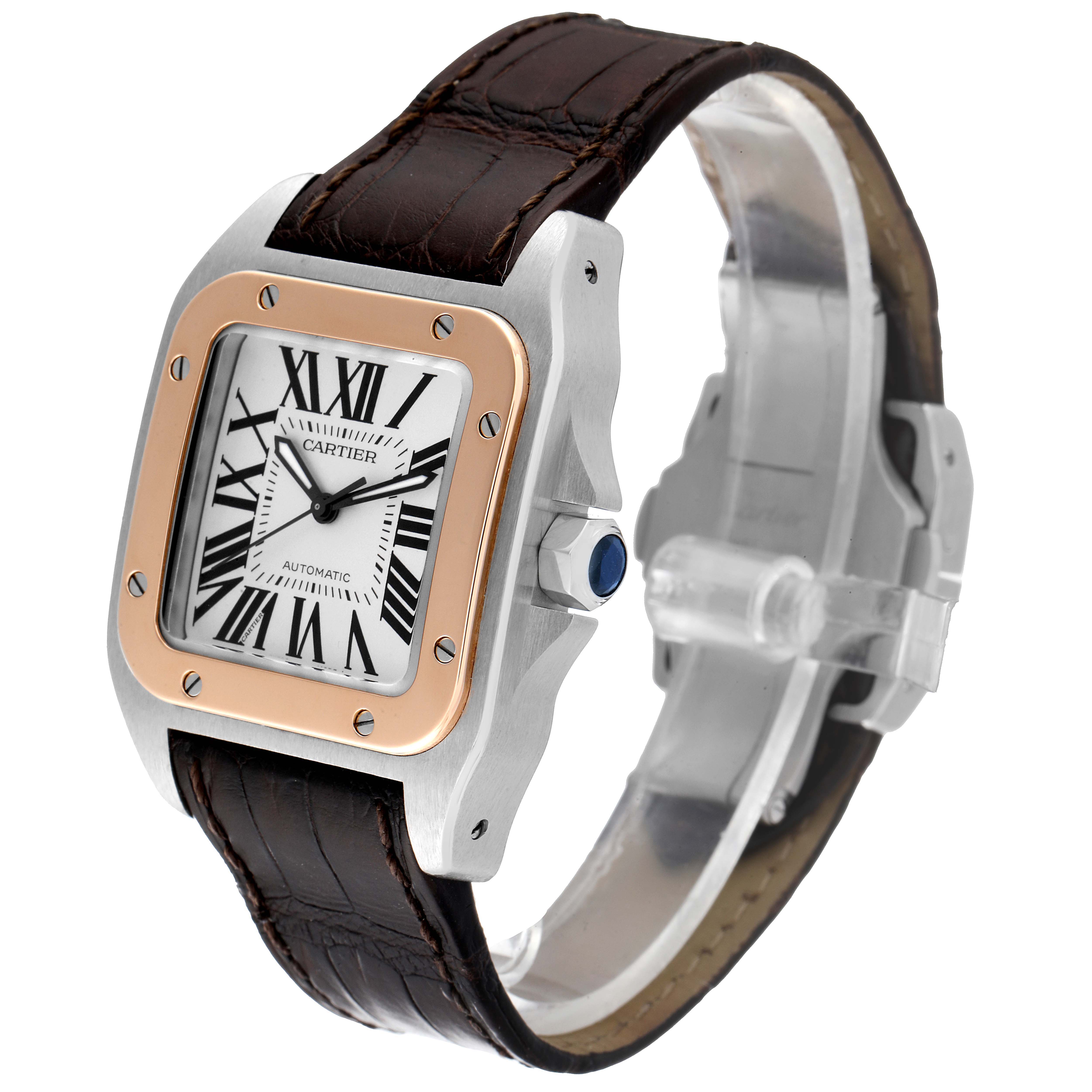 This image shows a Cartier Santos W20106X8 Men's Steel and Gold (two tone) Silver Dial W20106X8 Men's Steel and Gold (two tone) Silver Dial watch at a three-quarter angle, highlighting the face, bezel, crown, and leather strap.