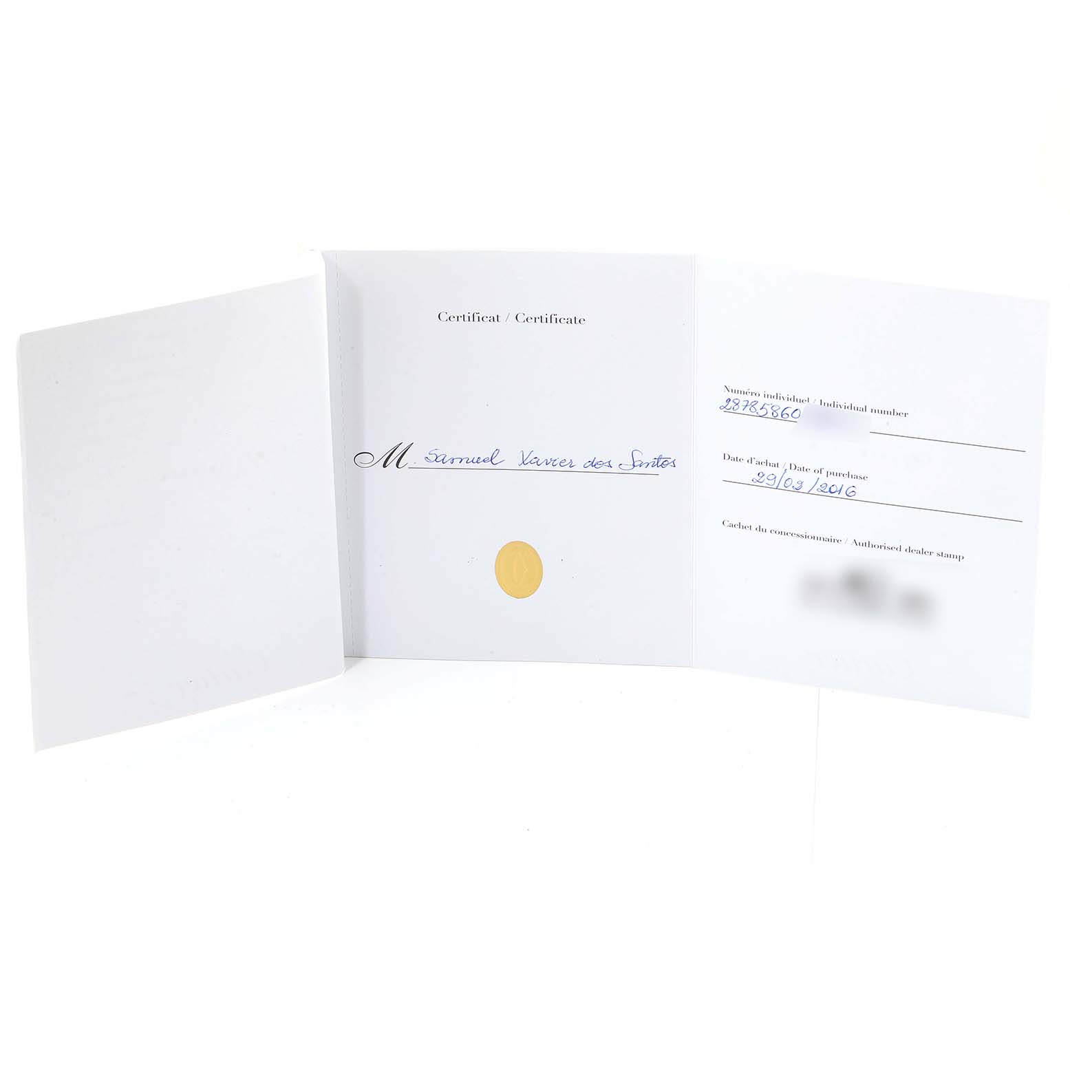 This image shows an opened certificate for the Cartier Santos W20106X8 Men's Steel and Gold (two tone) Silver Dial W20106X8 Men's Steel and Gold (two tone) Silver Dial model watch.