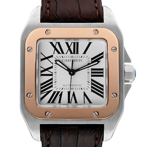 Photo of Cartier Santos 100 Steel Rose Gold Midsize Mens Watch W20107X7 Box Papers