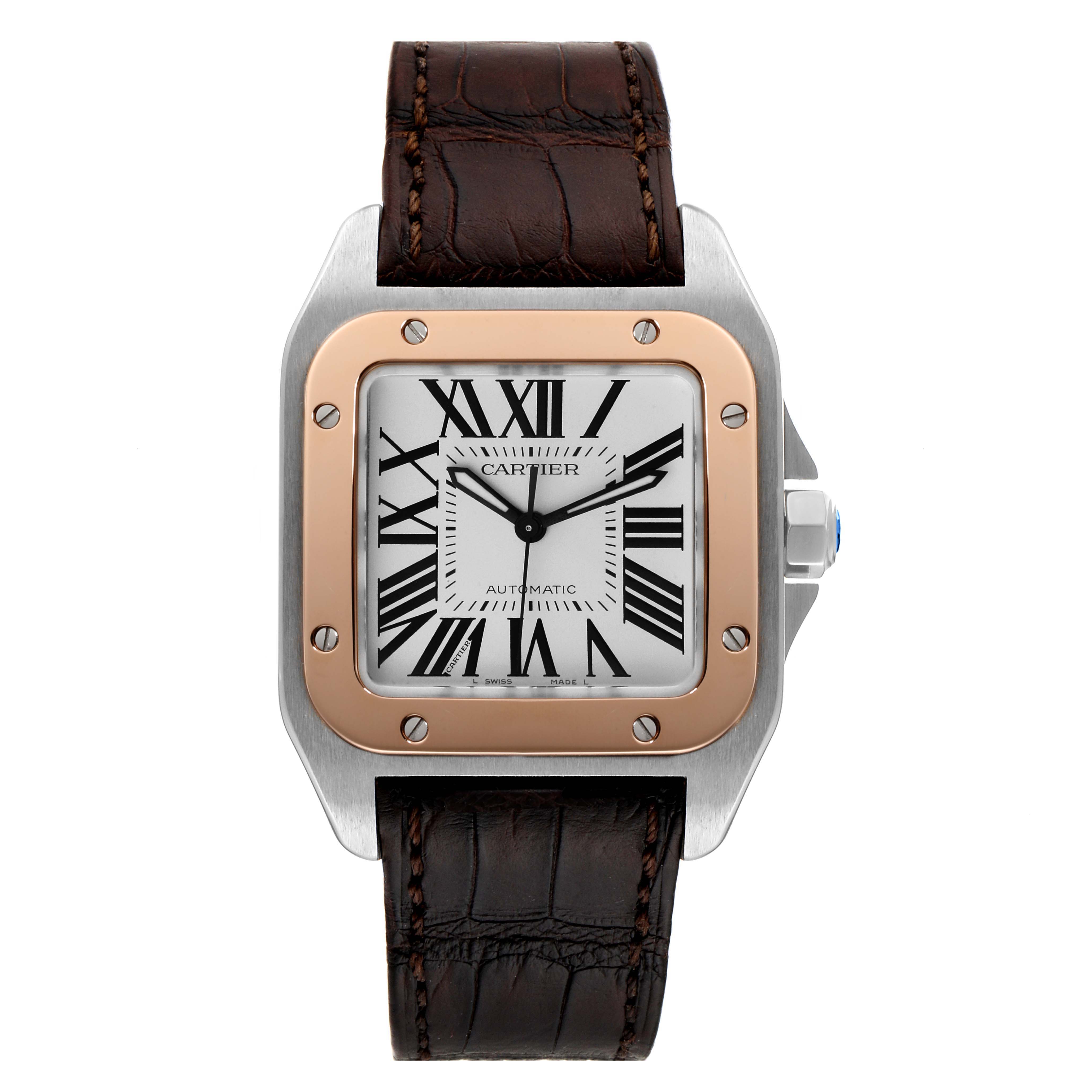 The image shows a front view of a Santos model watch by Cartier, featuring a brown leather strap and a square face with Roman numerals.