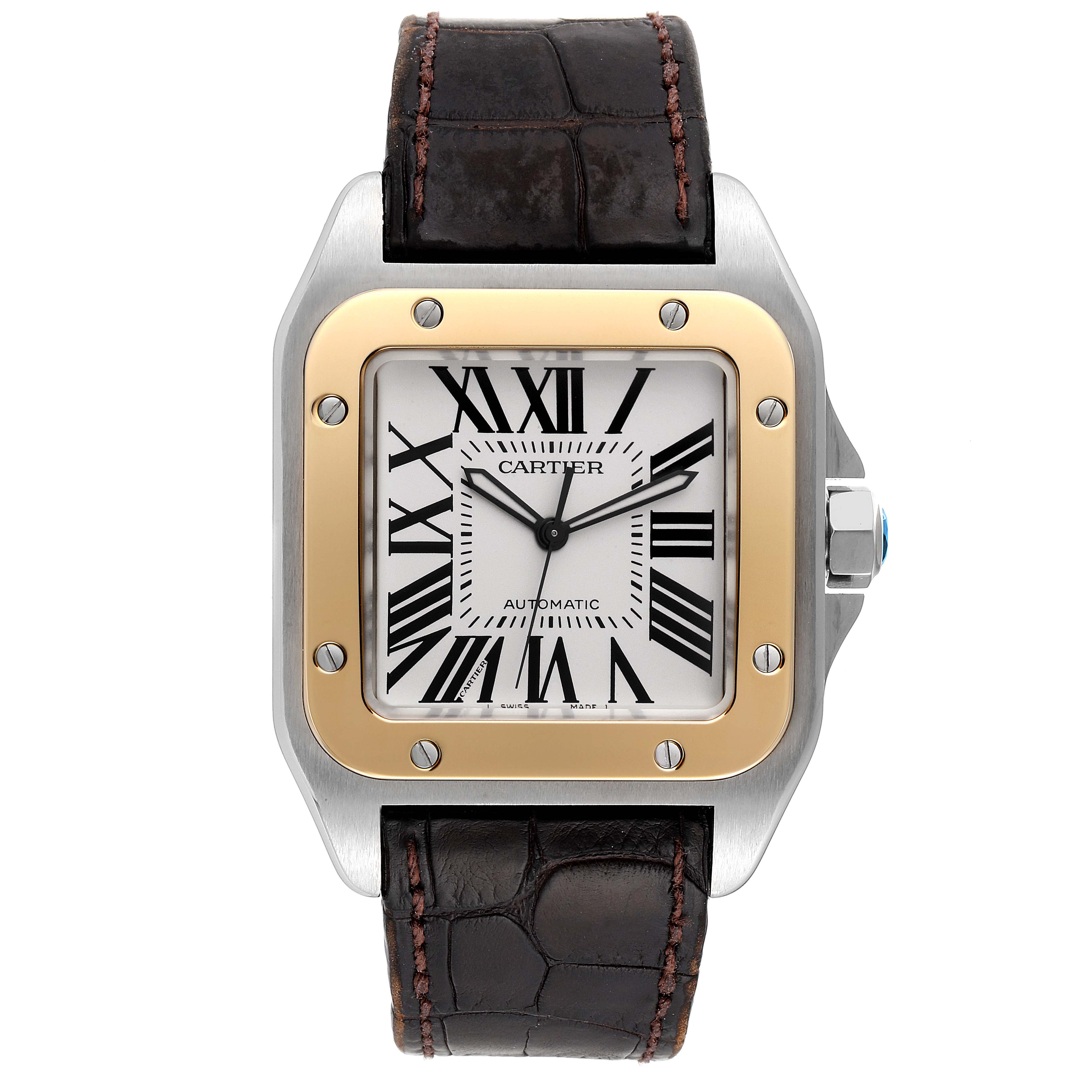 The Cartier Santos W20072X7 Men's Steel and Gold (two tone) Silver Dial W20072X7 Men's Steel and Gold (two tone) Silver Dial watch is shown from the front, displaying its face, bezel, and leather strap.