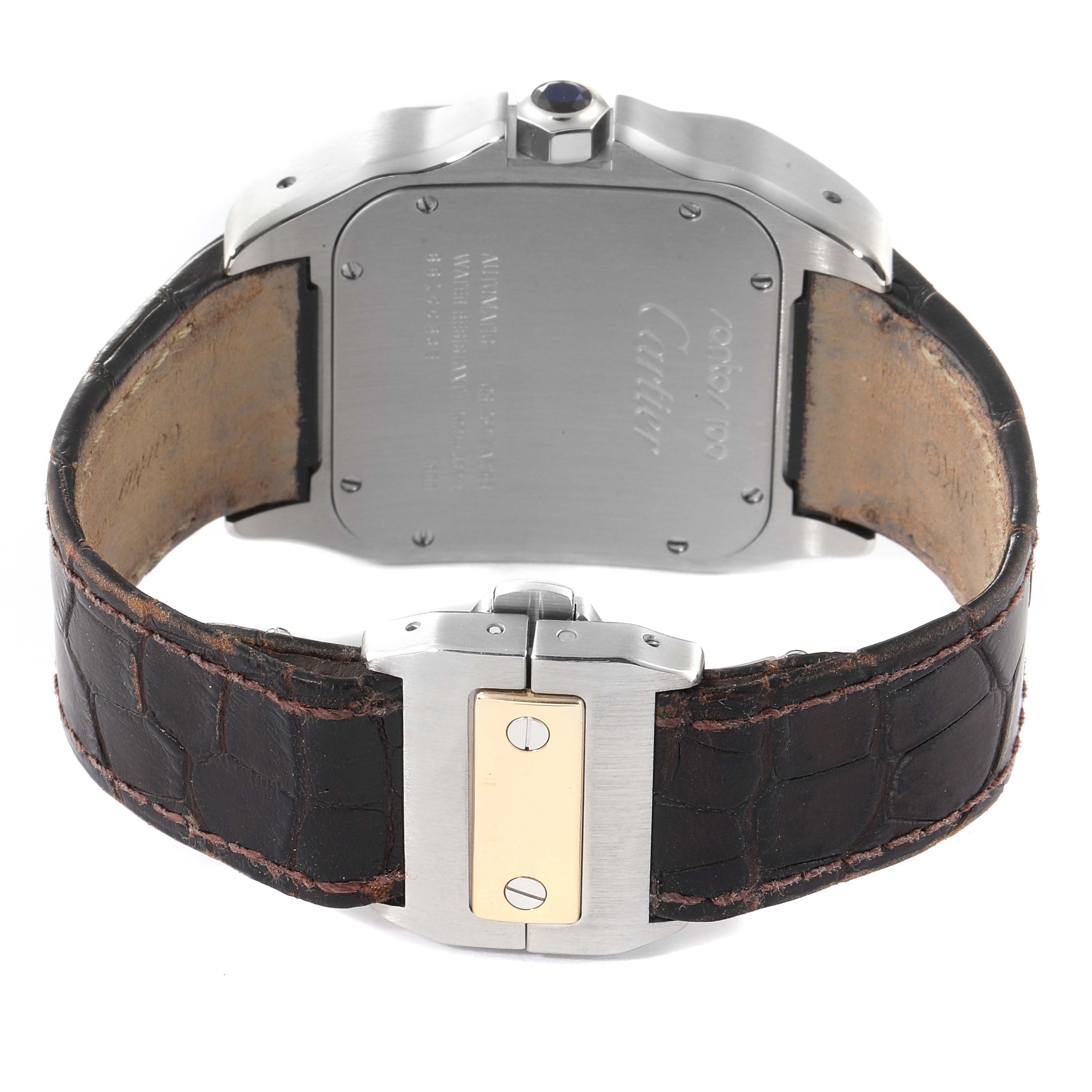 The image shows the back view of a Cartier Santos W20072X7 Men's Steel and Gold (two tone) Silver Dial W20072X7 Men's Steel and Gold (two tone) Silver Dial watch with its case back, crown, and leather strap visible.