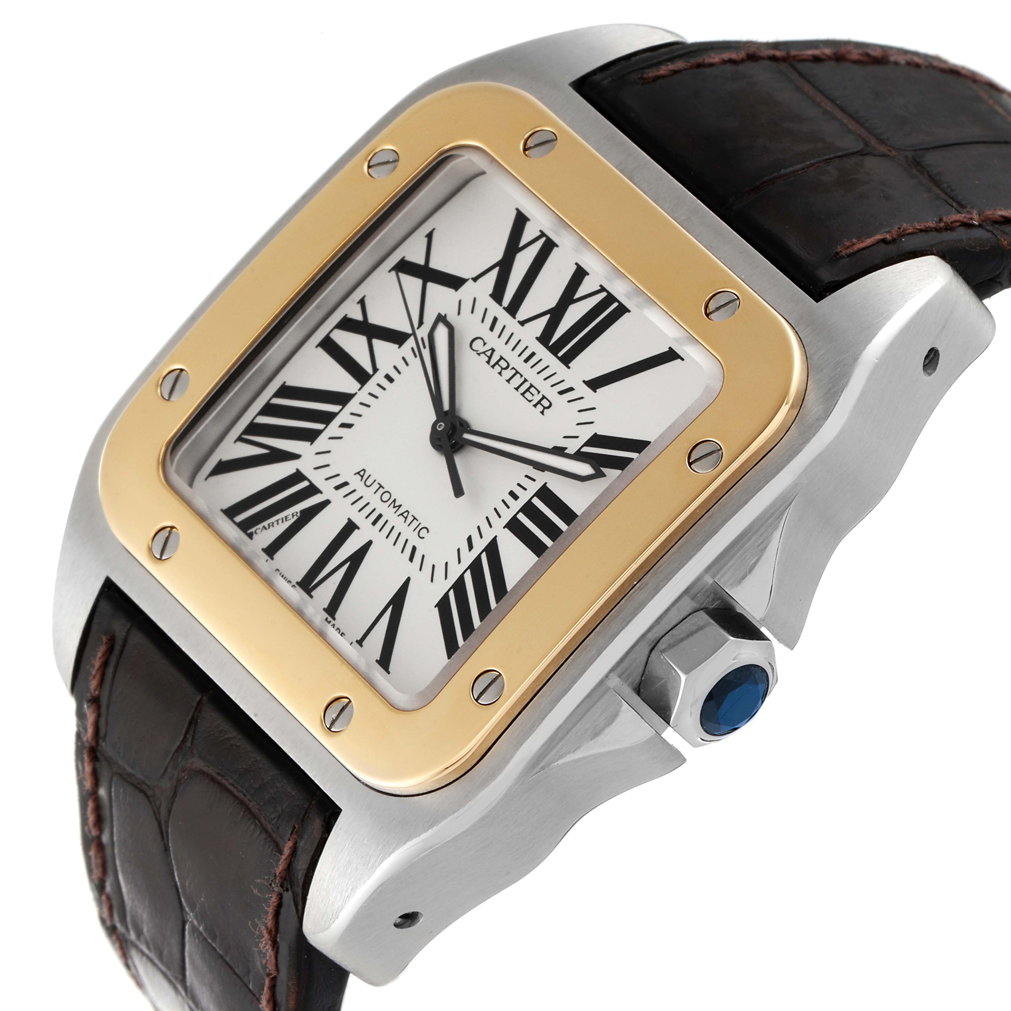 The image shows a close-up of the Cartier Santos W20072X7 Men's Steel and Gold (two tone) Silver Dial W20072X7 Men's Steel and Gold (two tone) Silver Dial watch, capturing the face, bezel, and part of the strap.