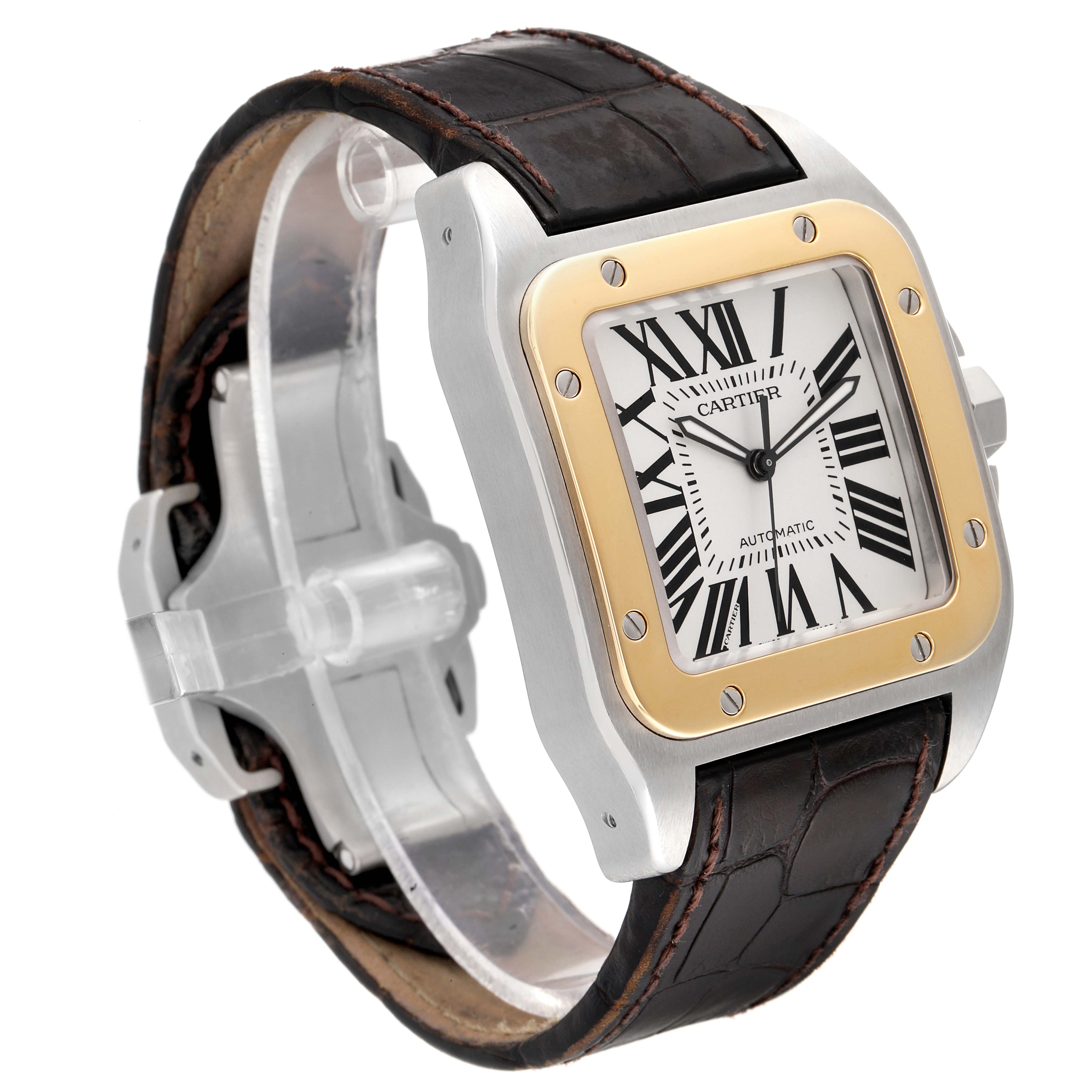The Cartier Santos W20072X7 Men's Steel and Gold (two tone) Silver Dial W20072X7 Men's Steel and Gold (two tone) Silver Dial watch is shown at a three-quarter angle, highlighting its metal case, leather strap, and Roman numeral dial.