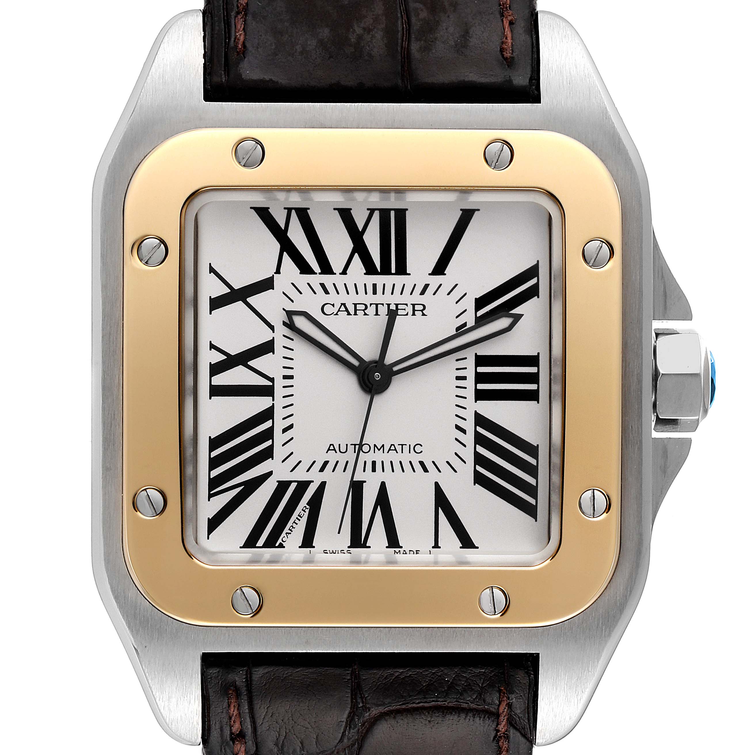 This image shows a front view of the Cartier Santos W20072X7 Men's Steel and Gold (two tone) Silver Dial W20072X7 Men's Steel and Gold (two tone) Silver Dial watch, highlighting its dial, hands, bezel, and part of the strap.