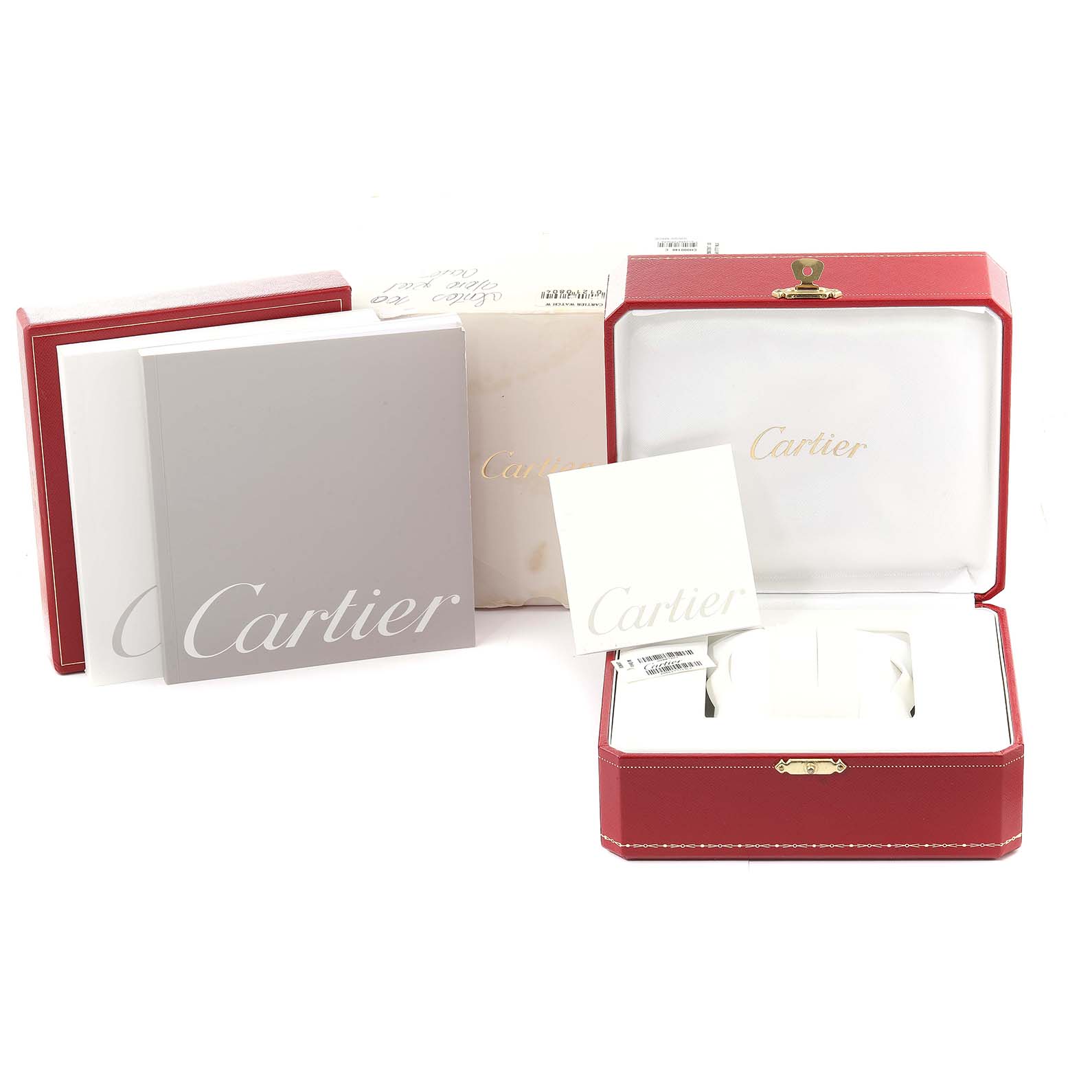 The image shows the Cartier Santos W20072X7 Men's Steel and Gold (two tone) Silver Dial W20072X7 Men's Steel and Gold (two tone) Silver Dial watch packaging, including the red box, instruction booklets, and warranty card, viewed from the front.