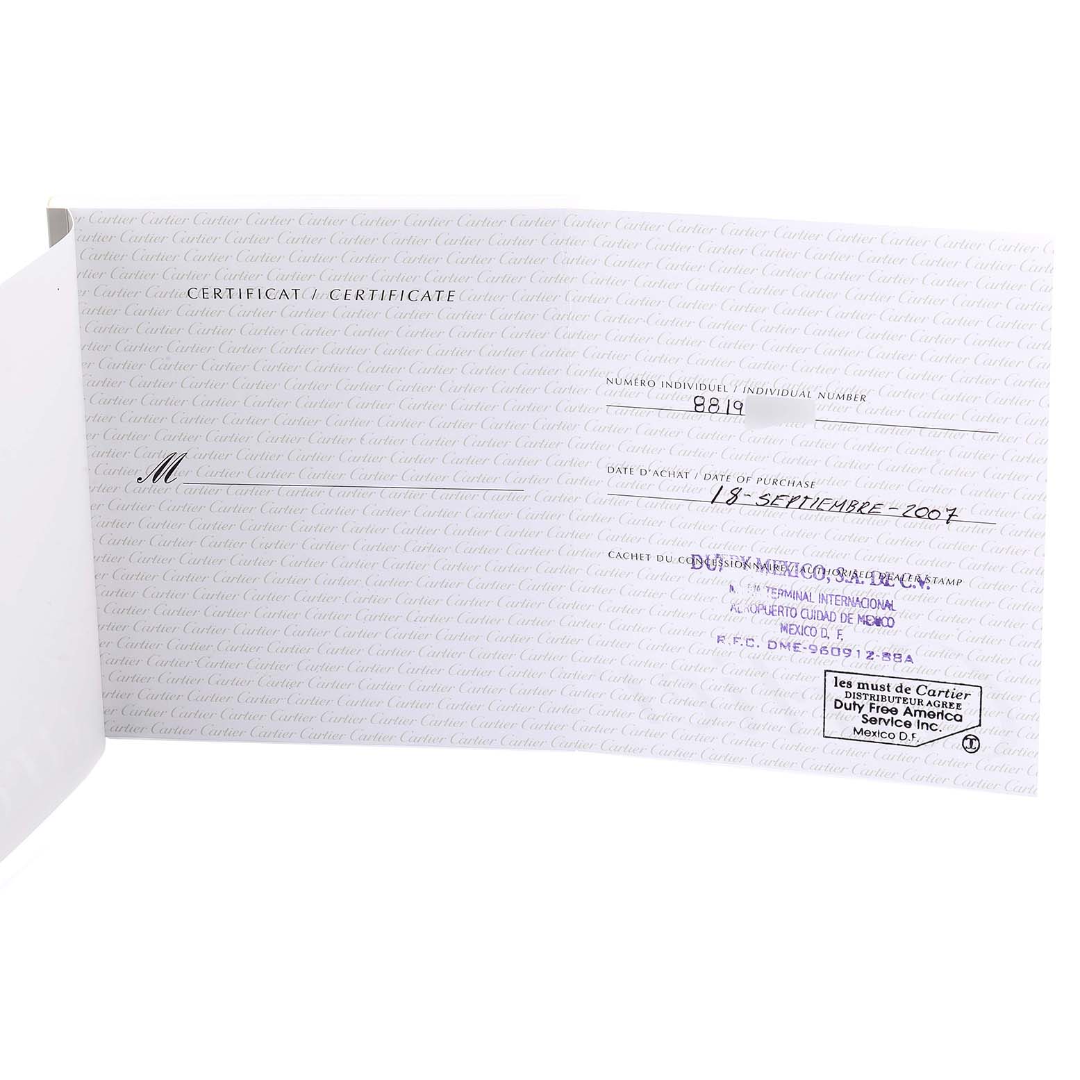 This image shows the certificate of authenticity for a Santos model by Cartier, dated 18 September 2007.