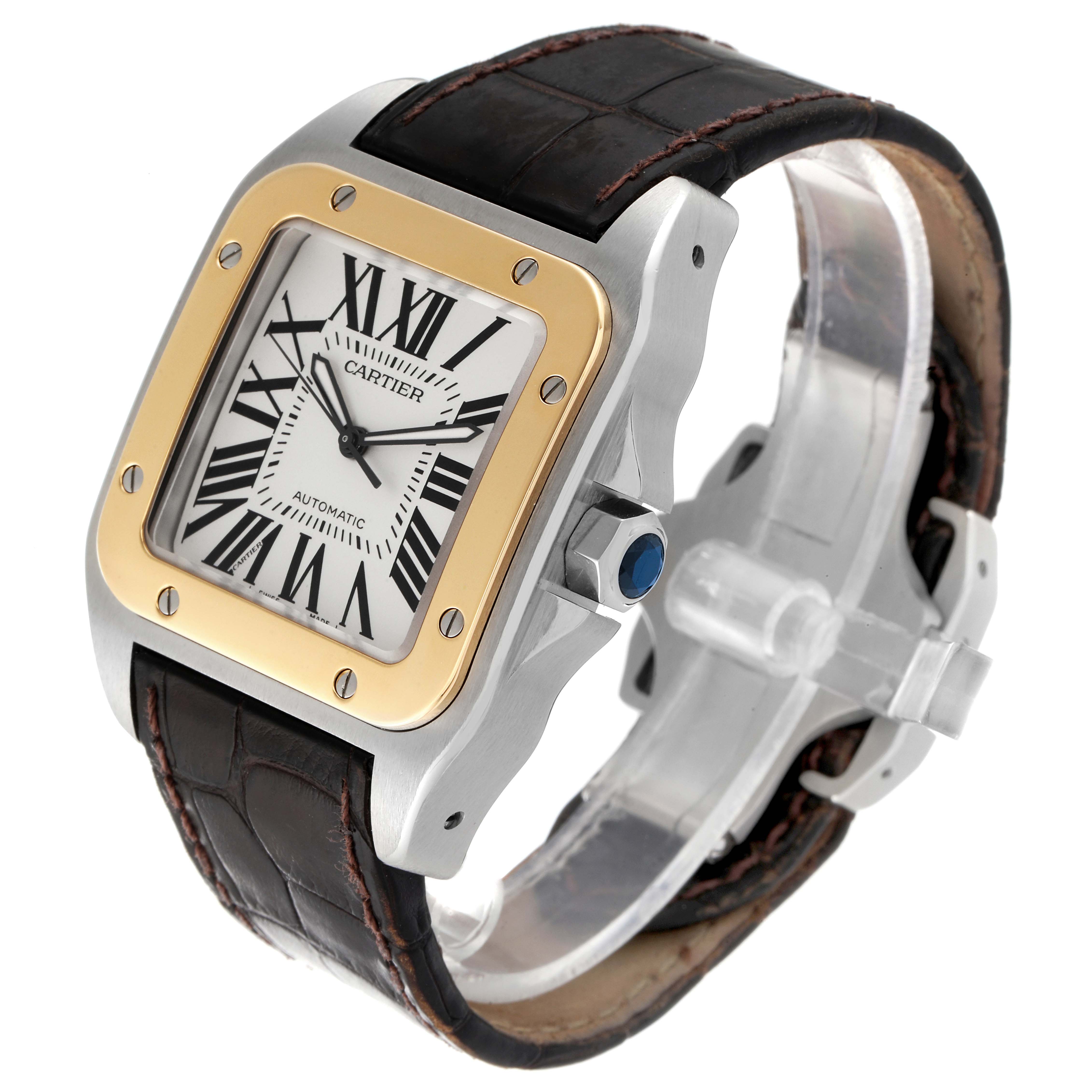 The image shows a Cartier Santos W20072X7 Men's Steel and Gold (two tone) Silver Dial W20072X7 Men's Steel and Gold (two tone) Silver Dial watch from a three-quarter angle, highlighting the dial, bezel, crown, and leather strap.