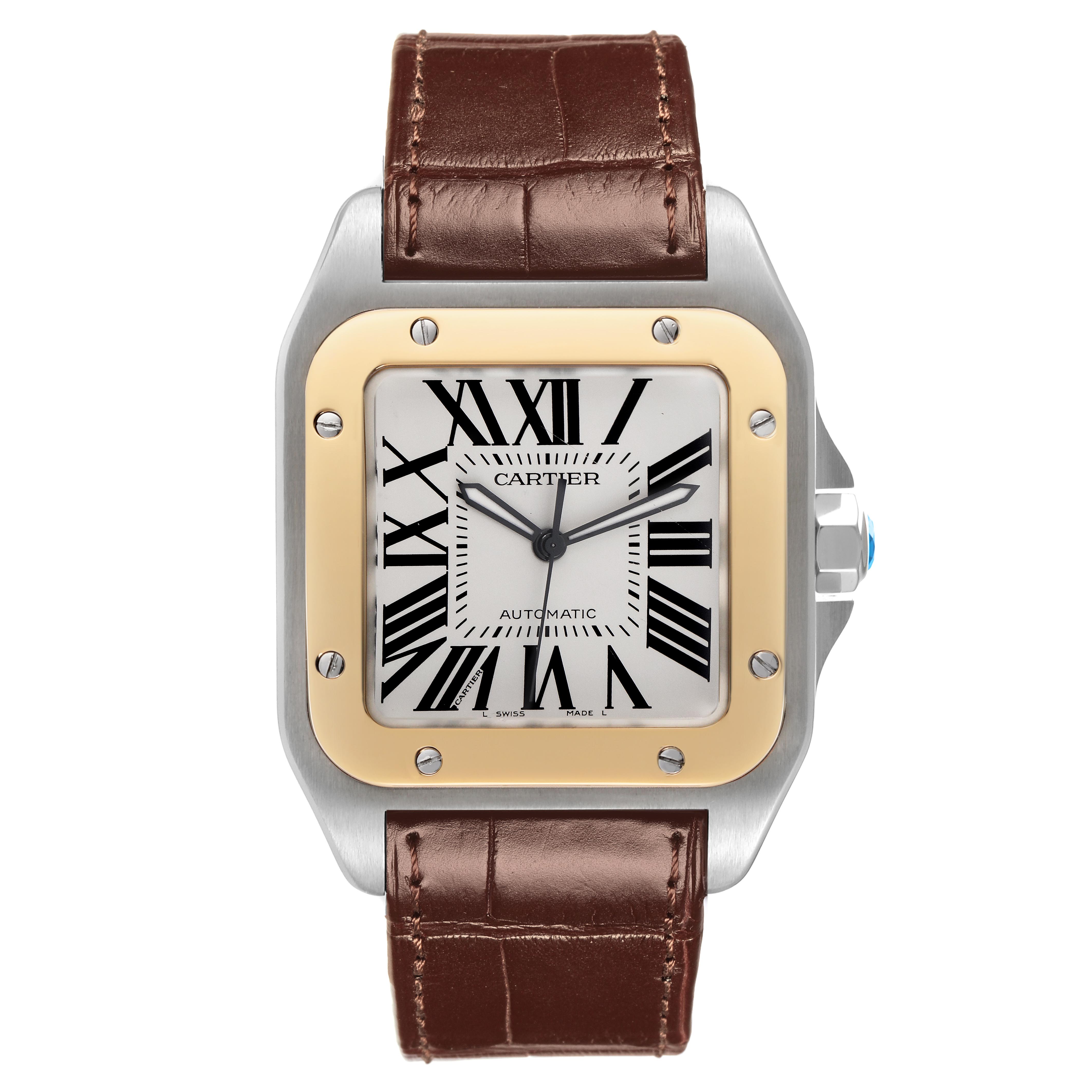The image shows a front view of a Cartier Santos W20072X7 Men's Steel and Gold (two tone) Silver Dial W20072X7 Men's Steel and Gold (two tone) Silver Dial watch, highlighting the dial, case, bezel, and leather strap.