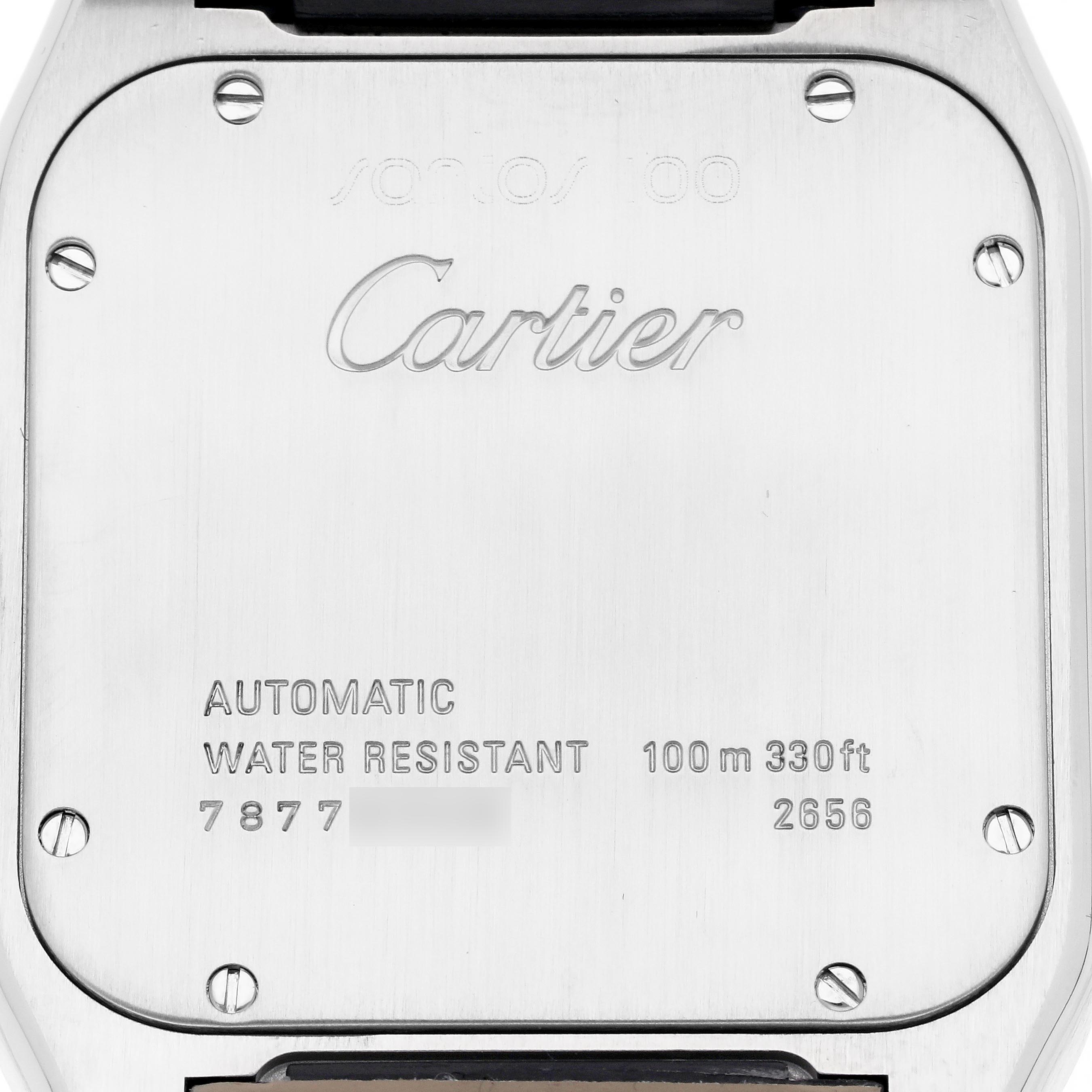The image shows the back case of a Cartier Santos W20072X7 Men's Steel and Gold (two tone) Silver Dial W20072X7 Men's Steel and Gold (two tone) Silver Dial watch, displaying the brand name, model details, and water resistance.