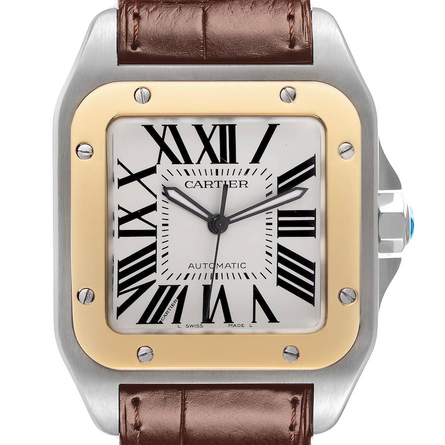The Cartier Santos watch is shown from a front angle, displaying its face, bezel, and part of the brown leather strap.