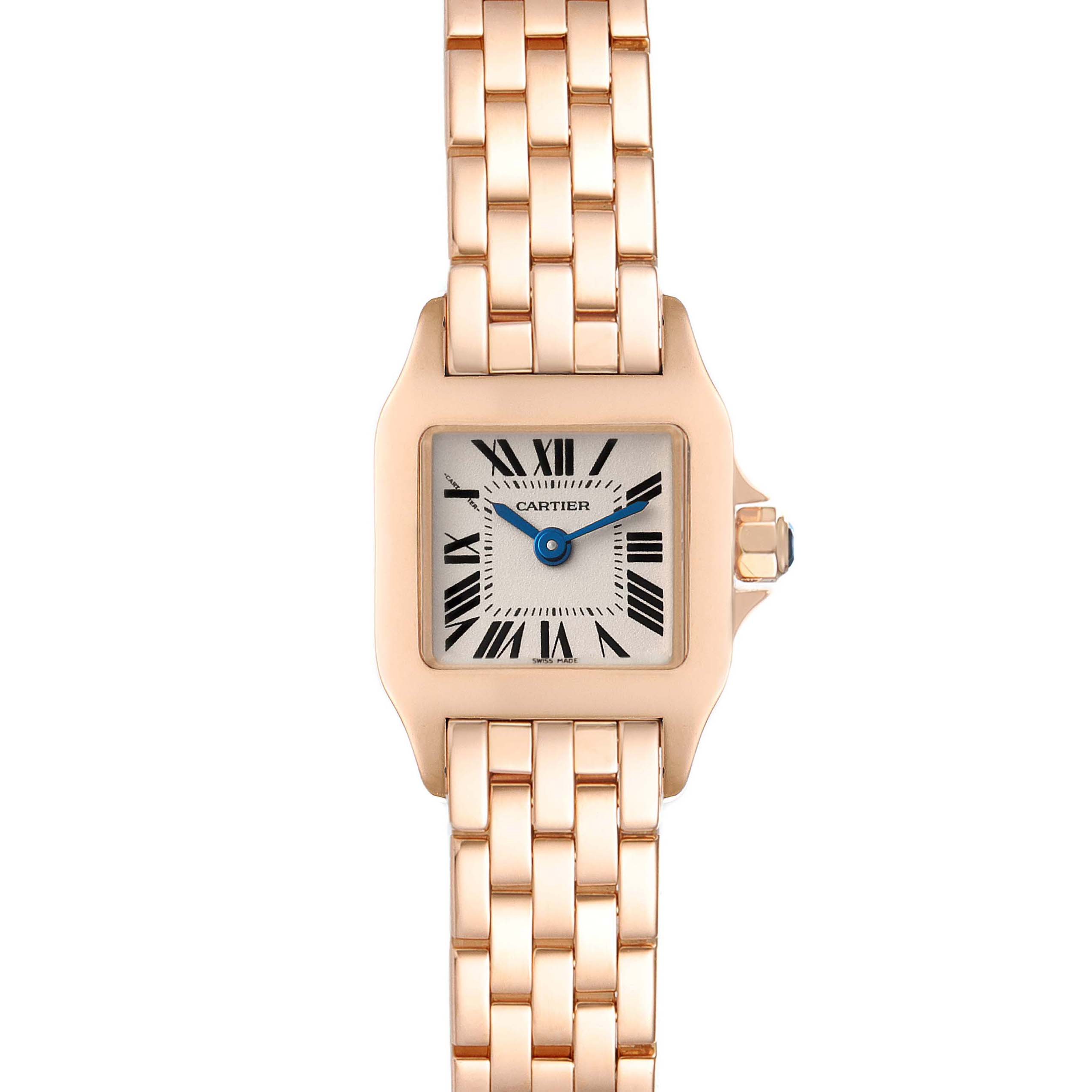 This image shows a front view of the Cartier Santos Demoiselle W25077X9 Women
s Rose Gold Silver Dial W25077X9 Women
s Rose Gold Silver Dial watch, highlighting the face and bracelet.