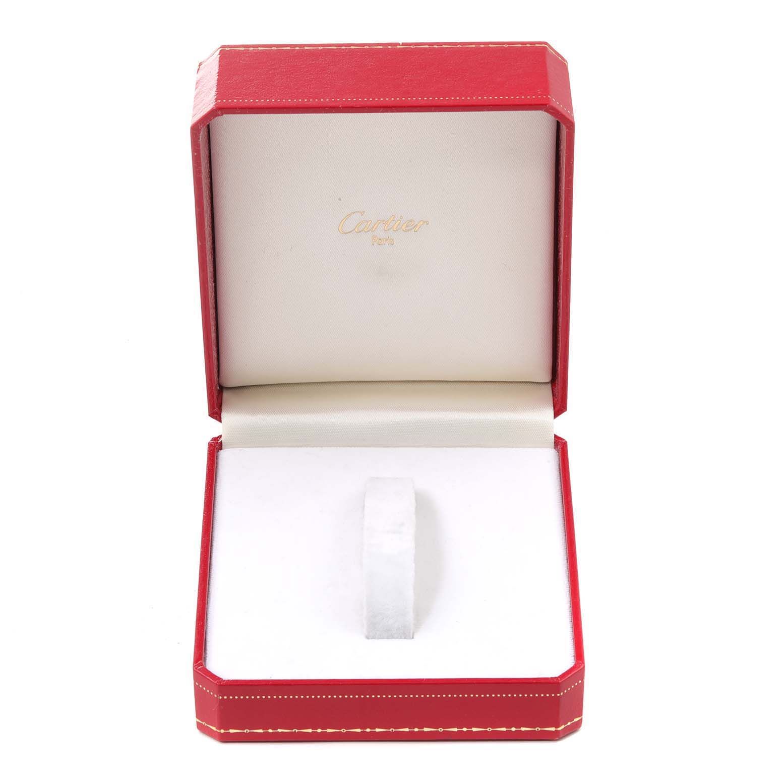 The image shows an open red Cartier box for the Santos Demoiselle model, with the strap displayed inside.