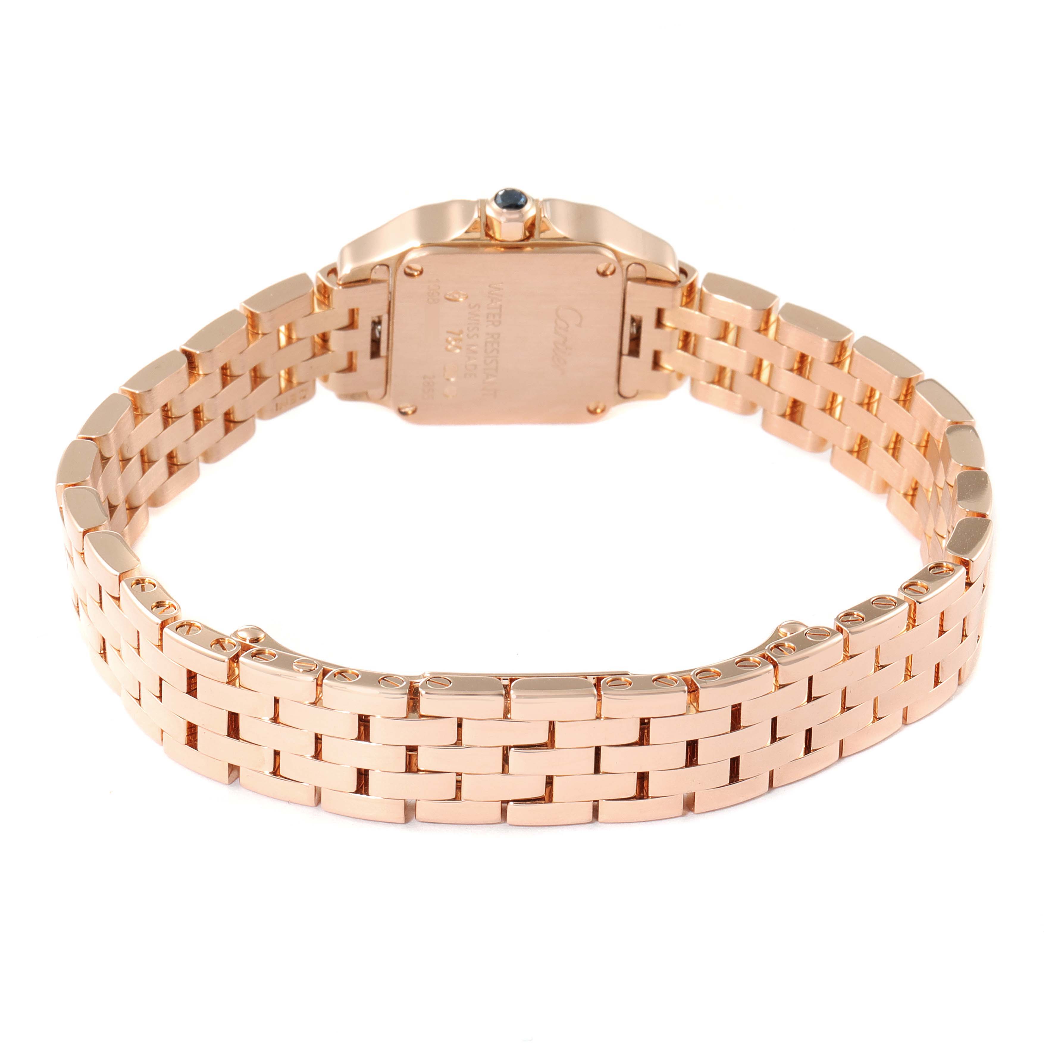 The image shows the back view of a Cartier Santos Demoiselle W25077X9 Women
s Rose Gold Silver Dial W25077X9 Women
s Rose Gold Silver Dial watch, highlighting its clasp and bracelet.