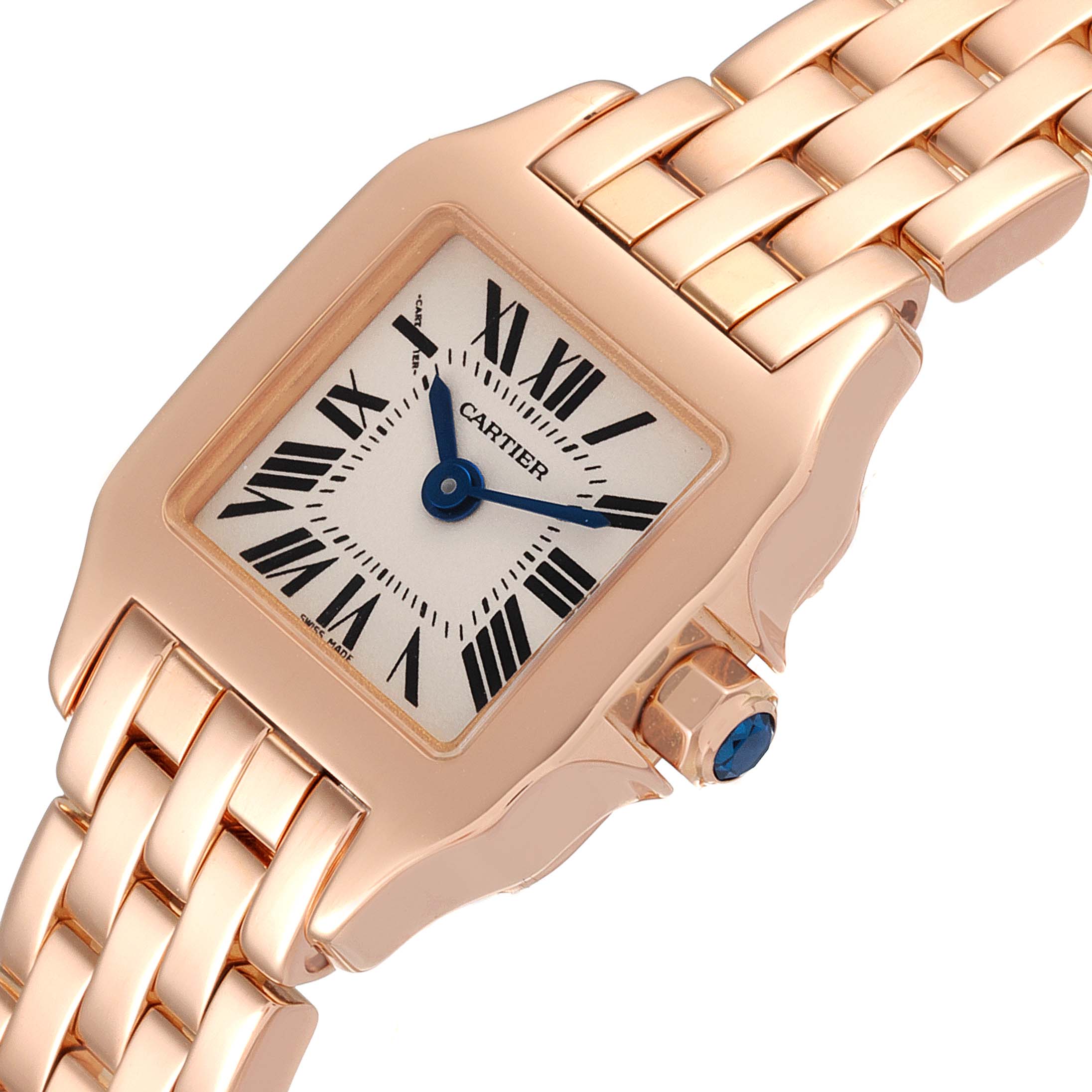 The image shows a close-up of the Cartier Santos Demoiselle W25077X9 Women
s Rose Gold Silver Dial W25077X9 Women
s Rose Gold Silver Dial watch, focusing on its face, crown, and bracelet.