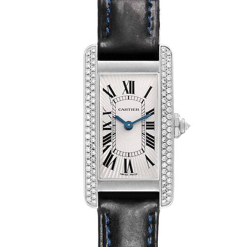 The Cartier Tank Americaine WB701851 Women's White Gold Silver Dial watch is shown from a front angle, displaying the rectangular face, Roman numerals, and leather strap.