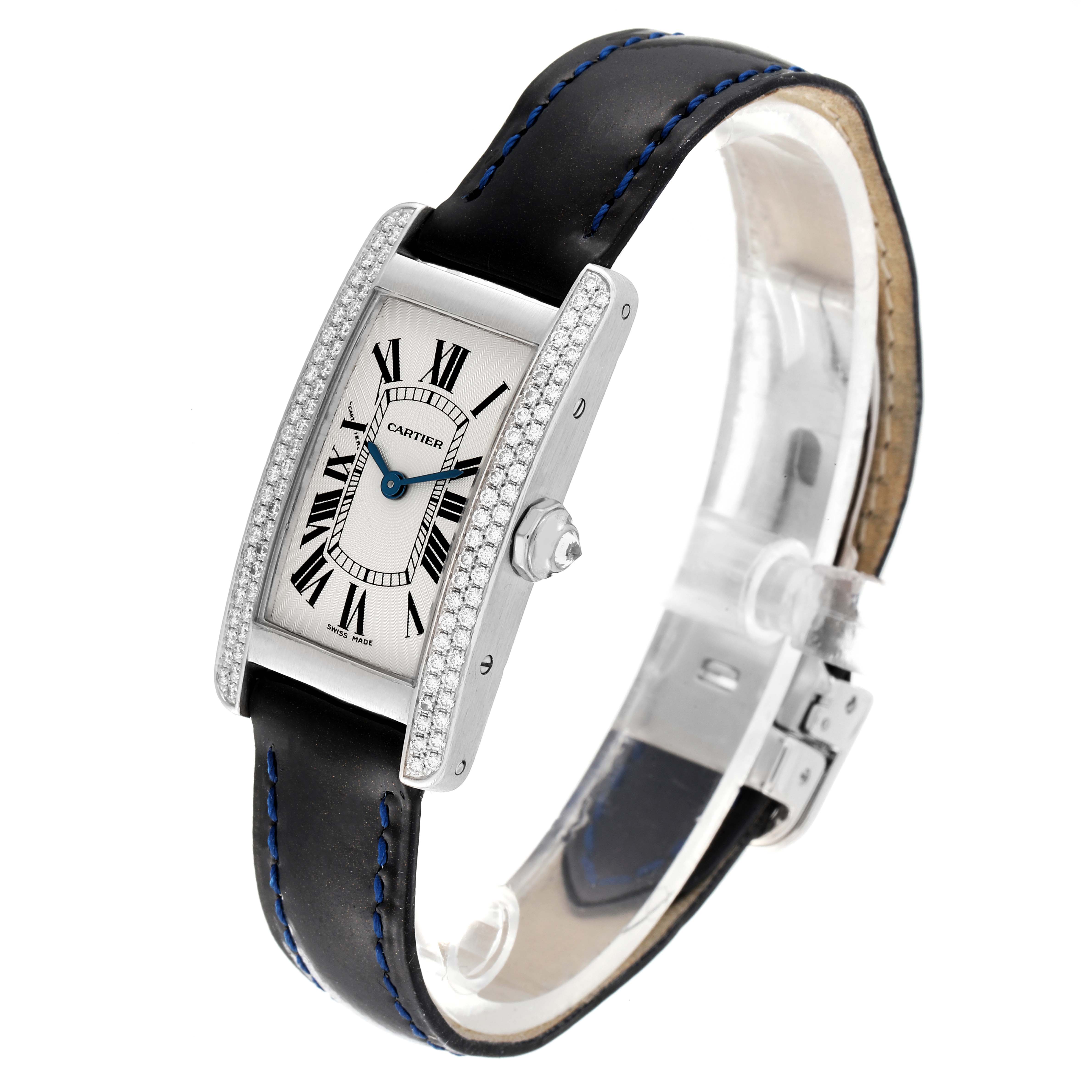 The image shows a Cartier Tank Americaine WB701851 Women's White Gold Silver Dial WB701851 Women's White Gold Silver Dial watch at a slight angle highlighting the face, bezel, strap, and crown.