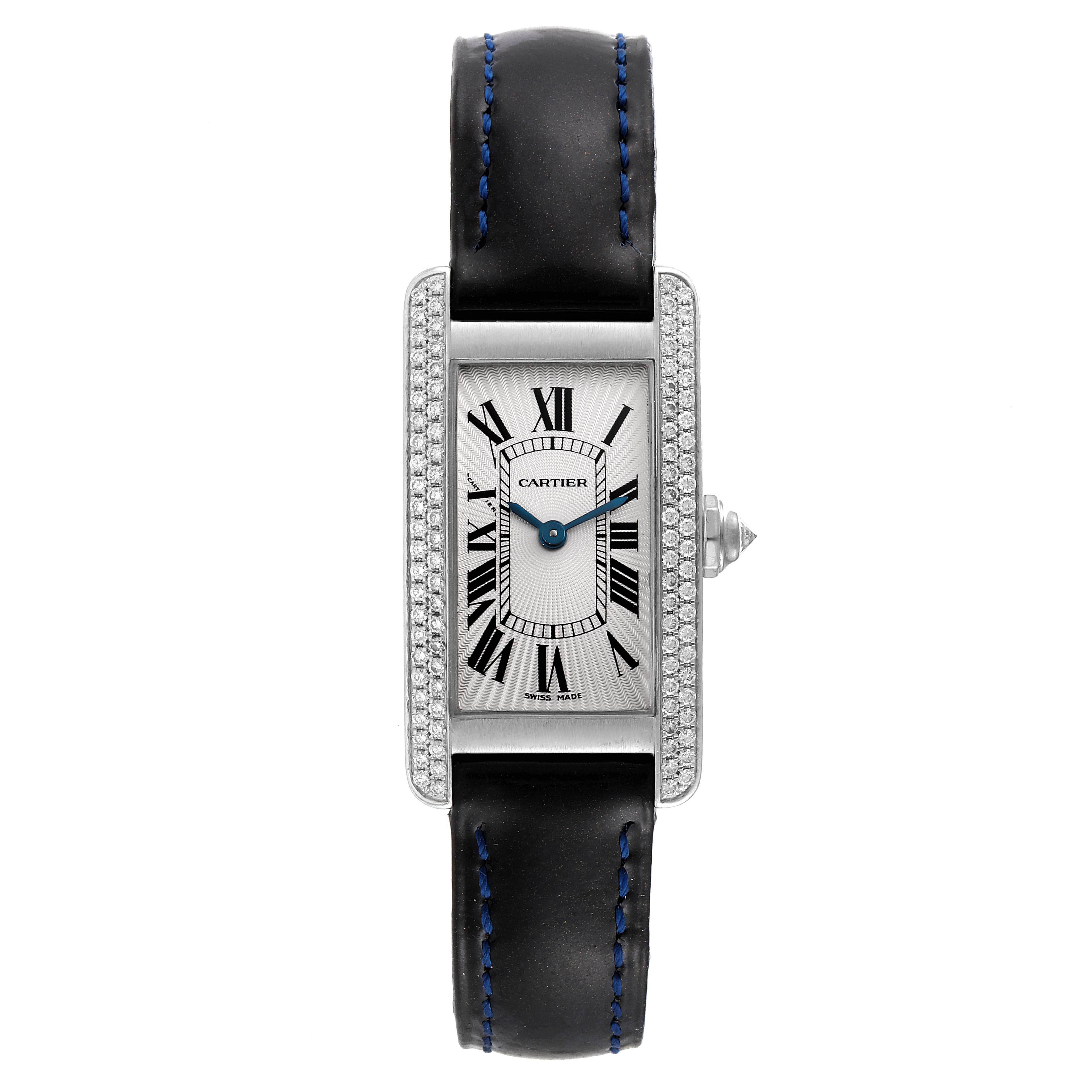 This image shows a Cartier Tank Américaine watch from a front angle, highlighting its rectangular face, diamond bezel, and leather strap.