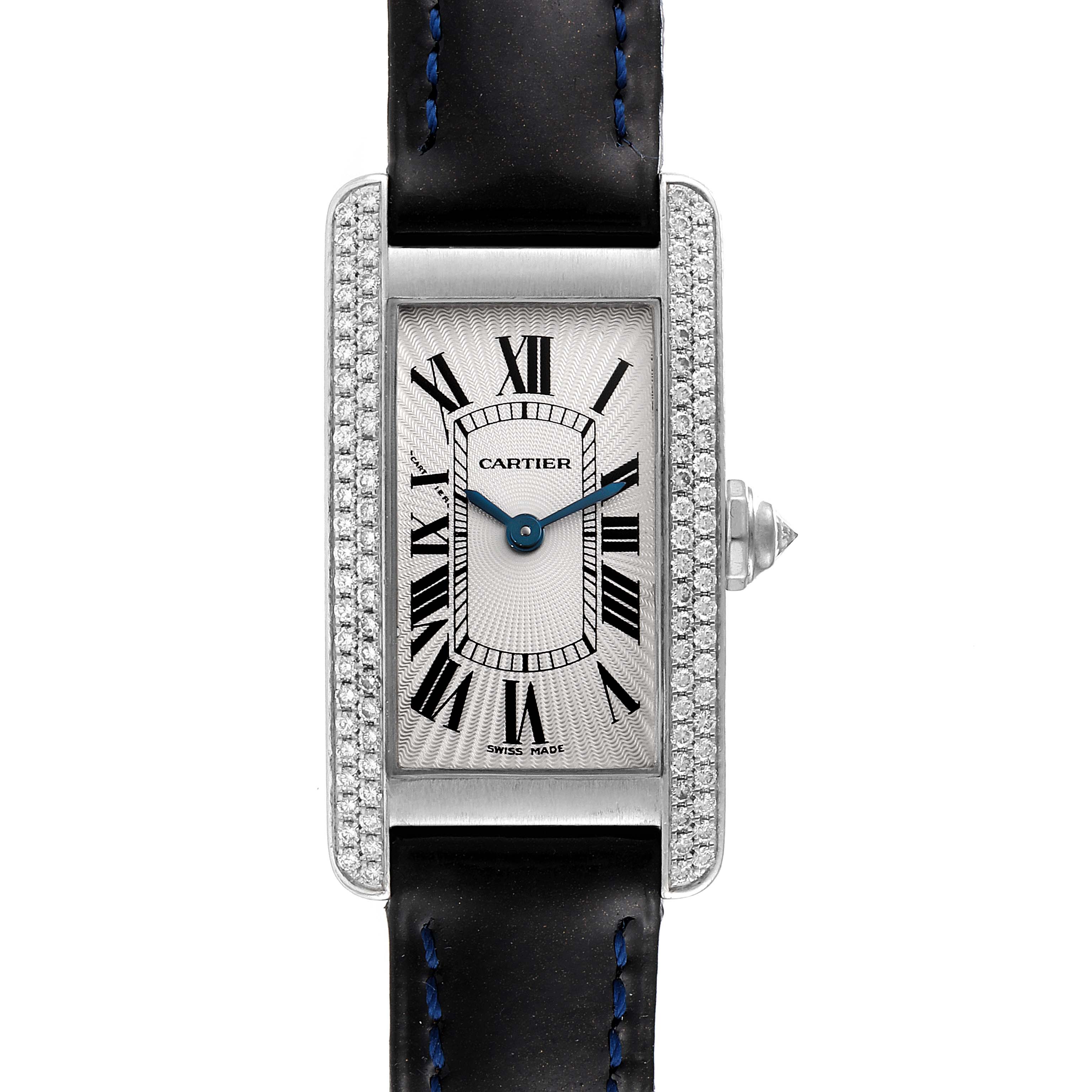 The Cartier Tank Americaine WB701851 Women's White Gold Silver Dial WB701851 Women's White Gold Silver Dial watch is shown from a top view, displaying the face, case, and part of the strap.