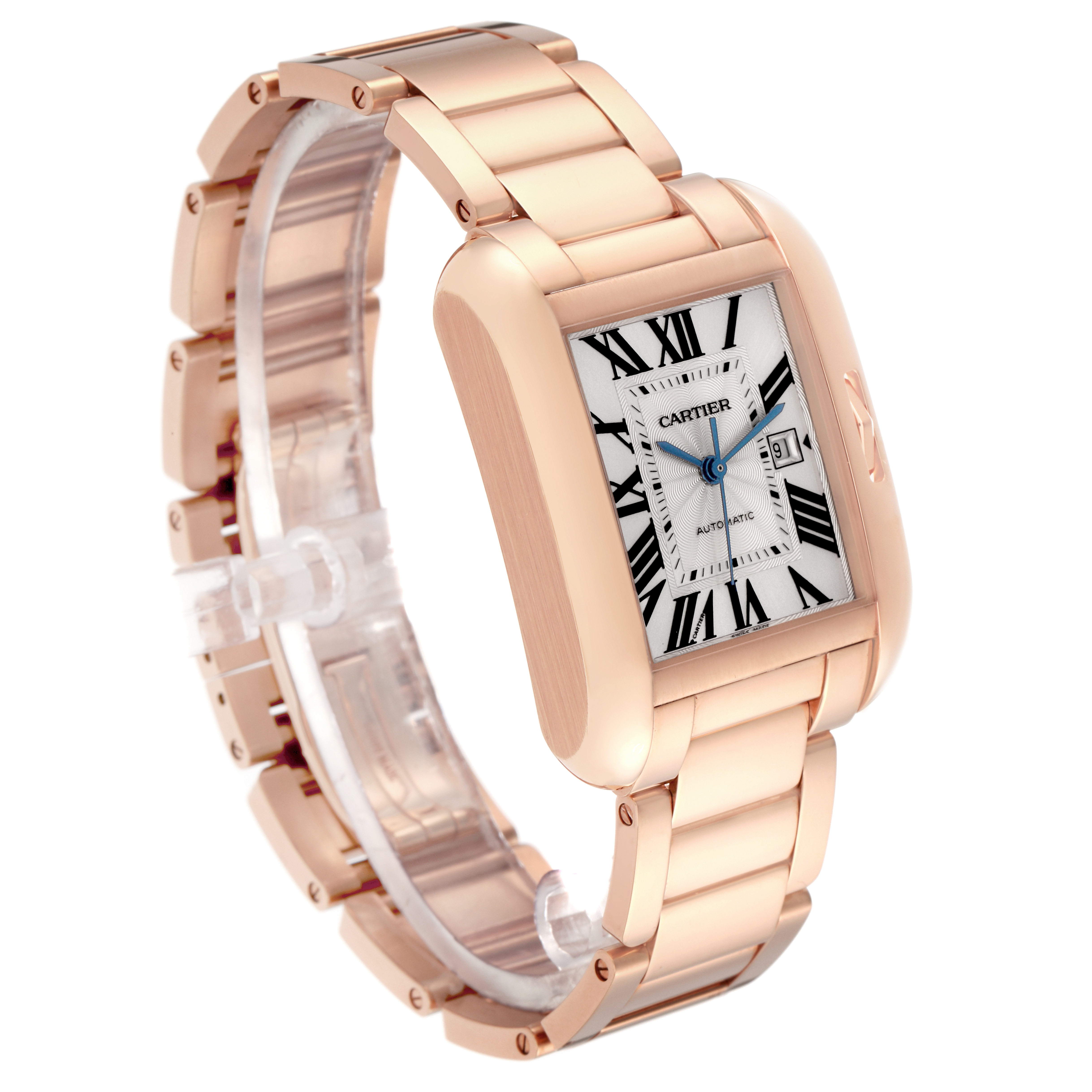 The Cartier Tank Anglaise W5310003 Men's Rose Gold Silver Dial watch is shown at a three-quarter angle, displaying the case, bracelet, and face with Roman numerals.