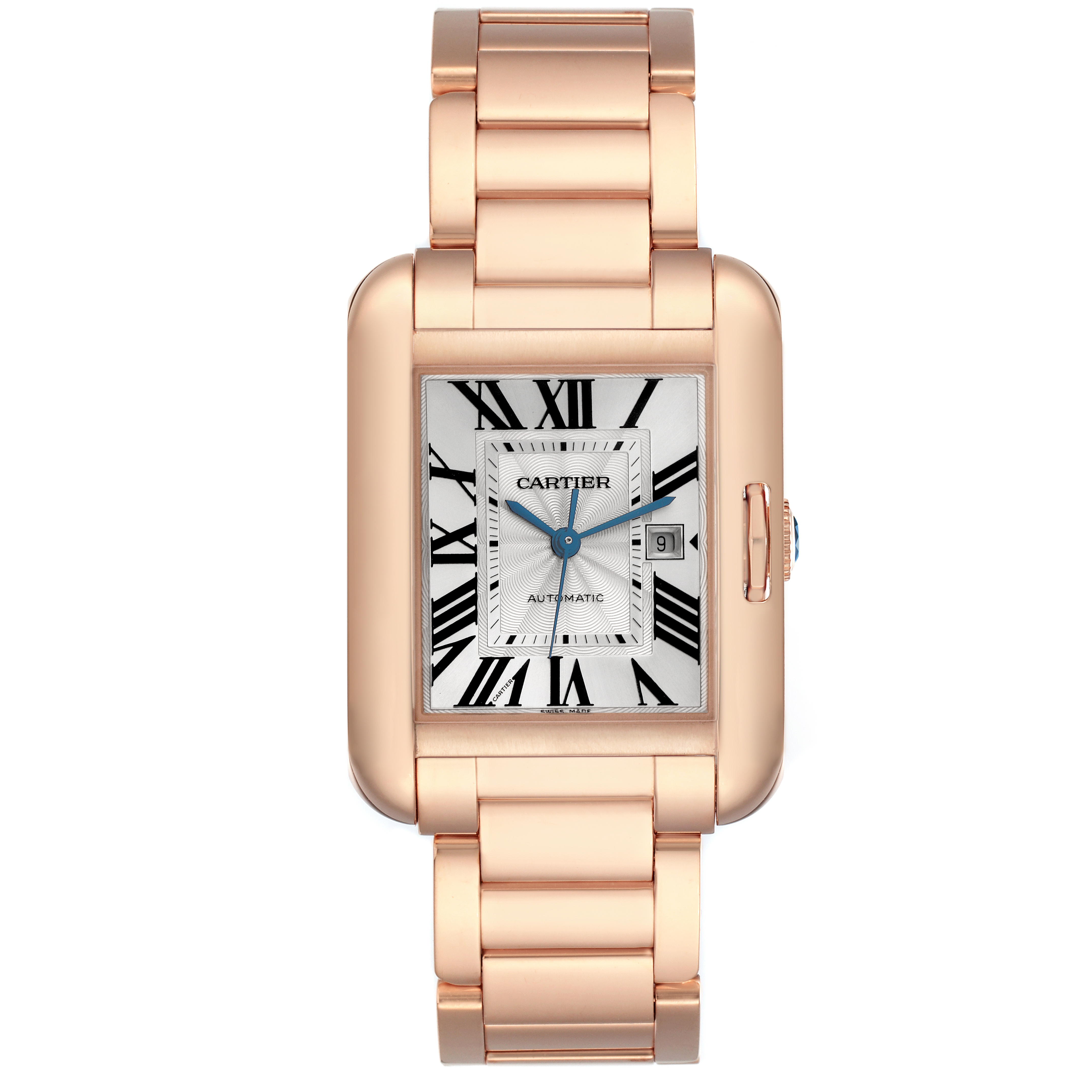 The Cartier Tank Anglaise W5310003 Men's Rose Gold Silver Dial watch is shown from a top-down angle, highlighting its rectangular face, bracelet, and side crown.