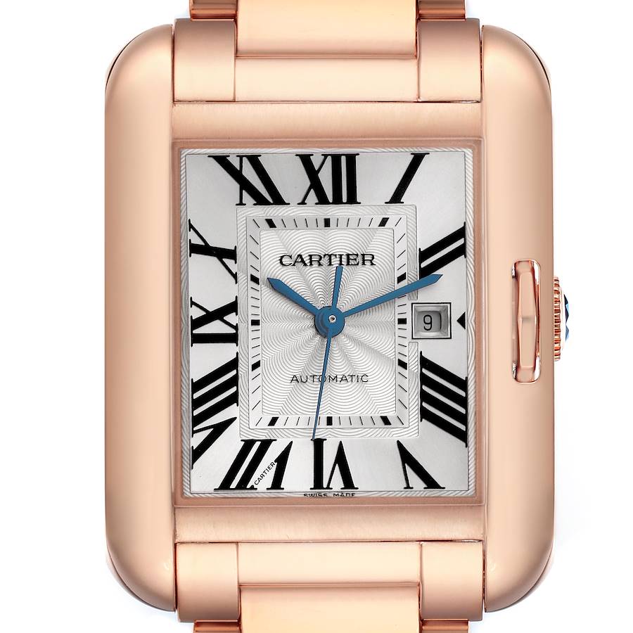 The Cartier Tank Anglaise watch is shown from a front angle, highlighting the dial, hands, and date window.