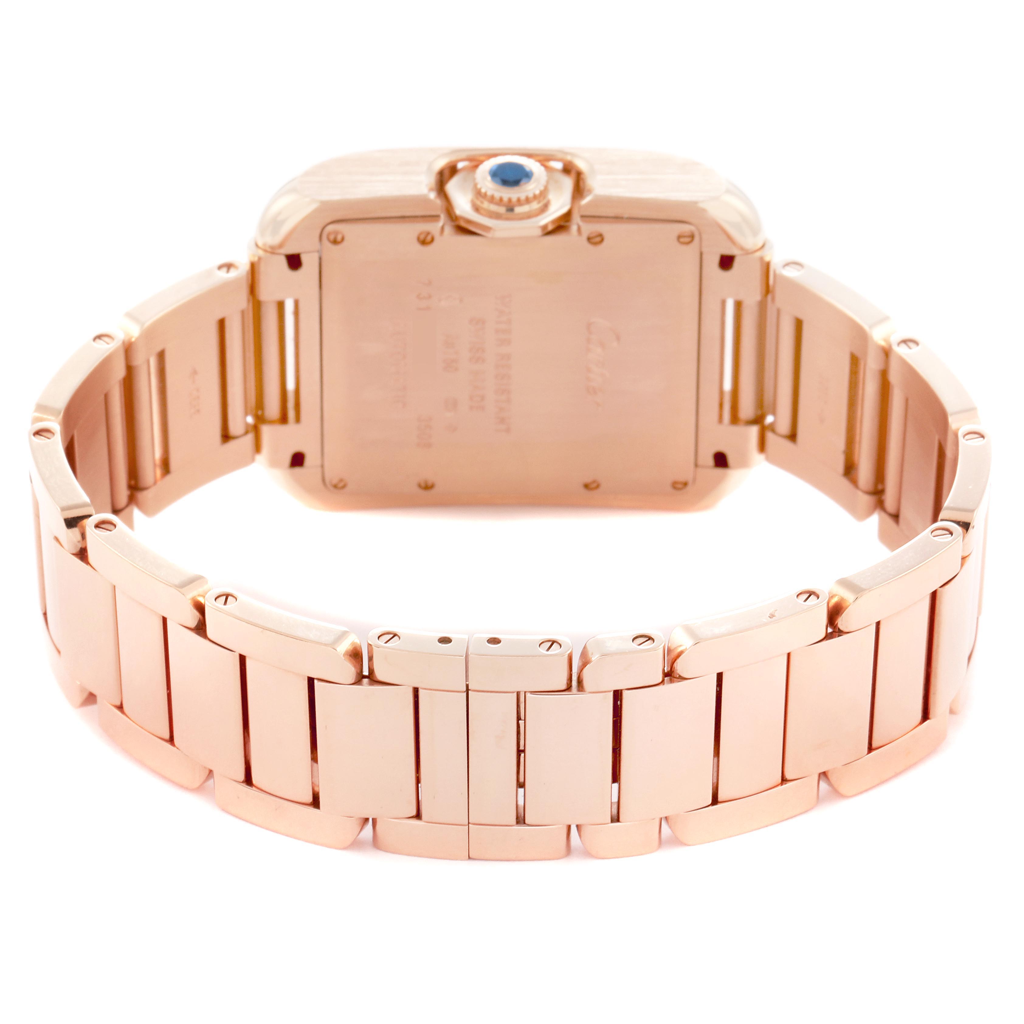 The image shows the back view of a Cartier Tank Anglaise W5310003 Men
s Rose Gold Silver Dial W5310003 Men
s Rose Gold Silver Dial watch, highlighting the bracelet and case back.