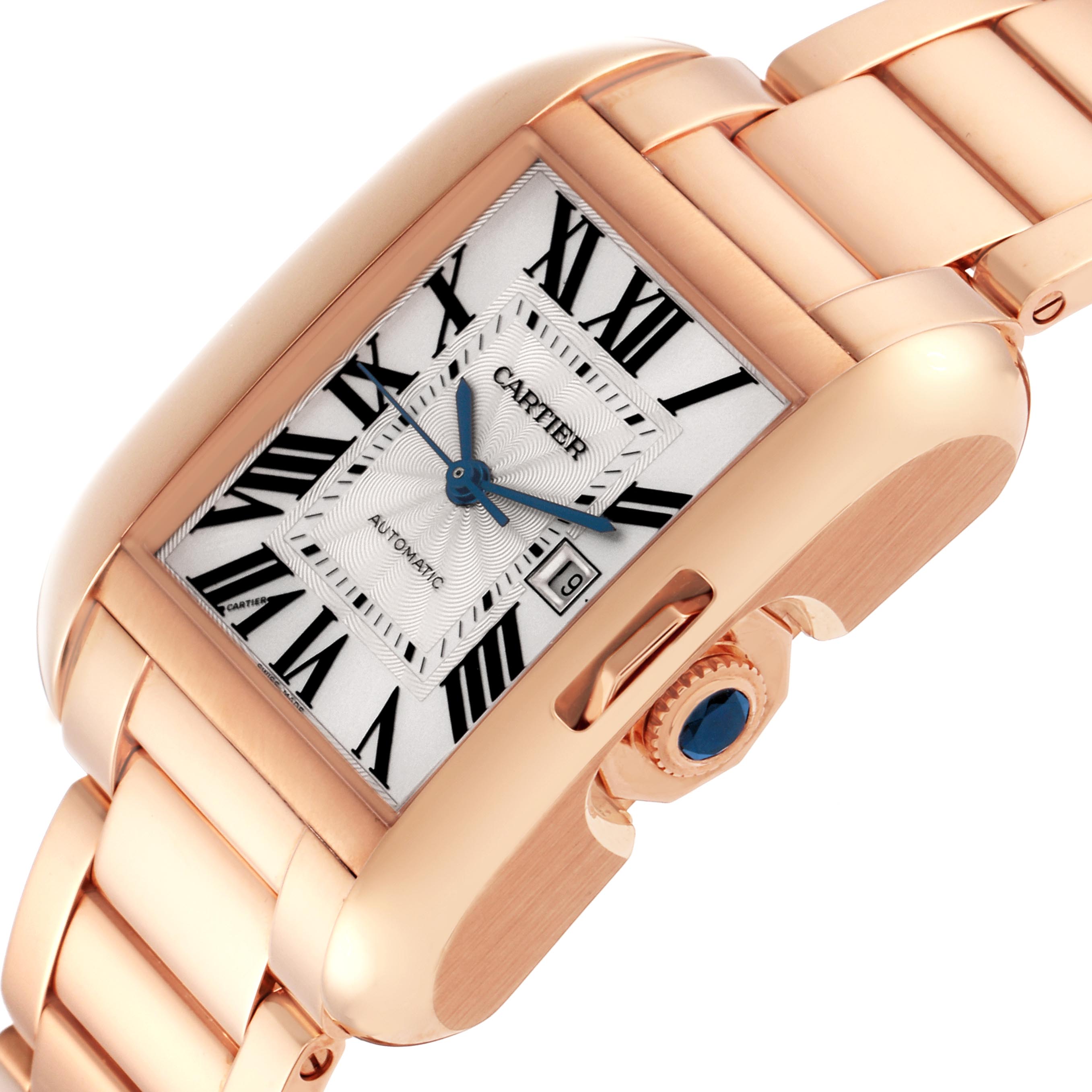 The Cartier Tank Anglaise W5310003 Men
s Rose Gold Silver Dial W5310003 Men
s Rose Gold Silver Dial watch is shown at an angled view, displaying the face, crown, and part of the bracelet.