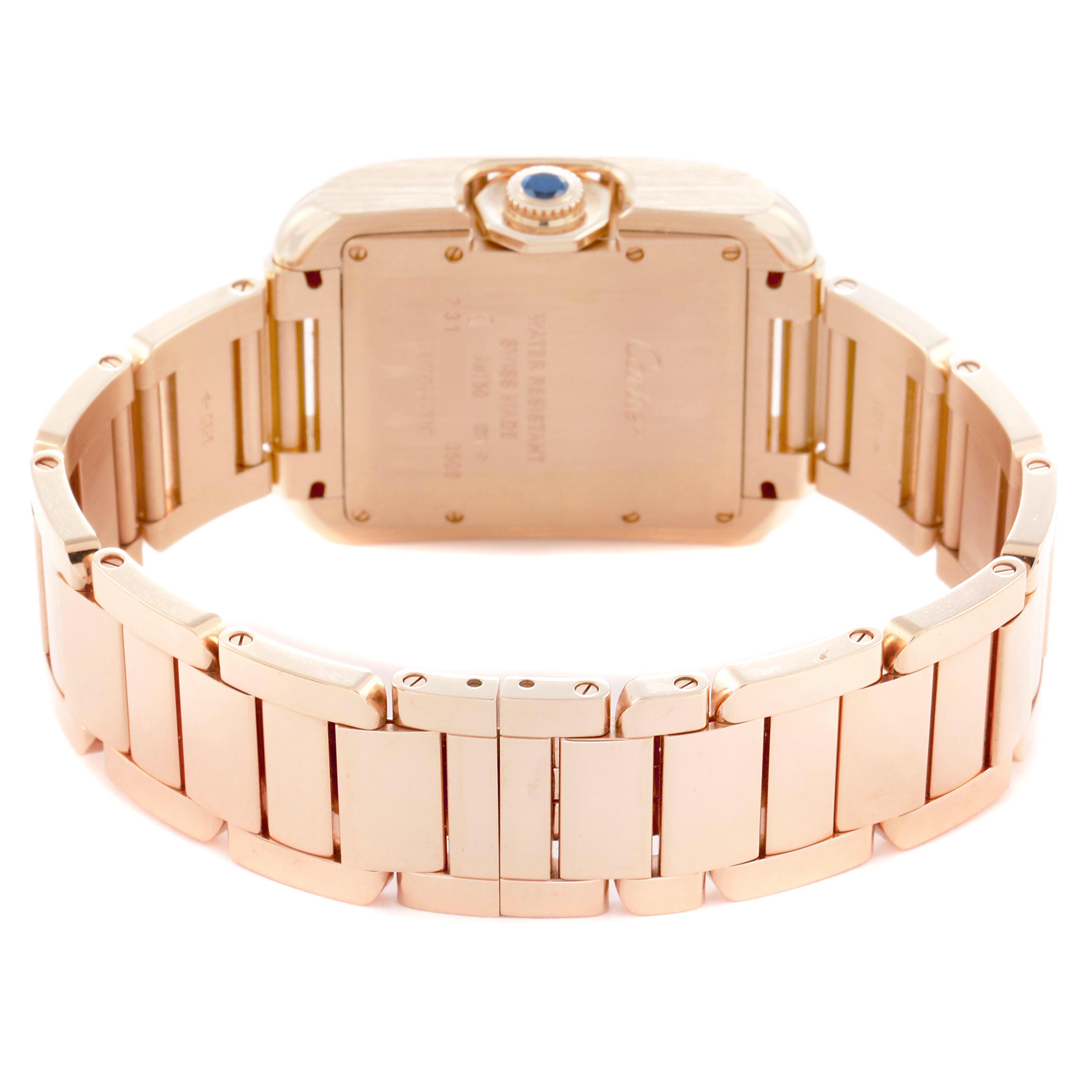 The image shows the back view of a Cartier Tank Anglaise W5310003 Men's Rose Gold Silver Dial watch, highlighting its bracelet and the case back.