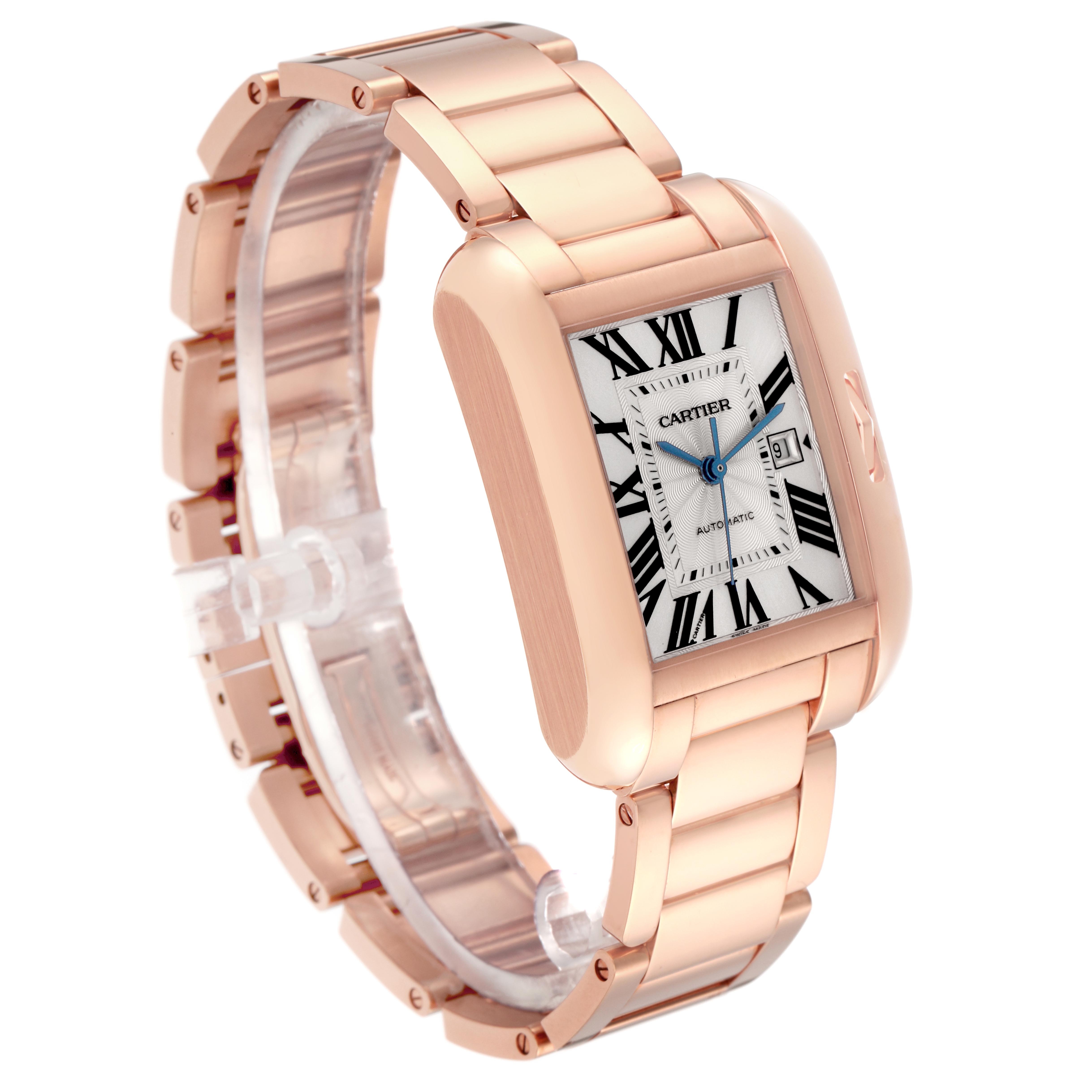 The Cartier Tank Anglaise W5310003 Men
s Rose Gold Silver Dial W5310003 Men
s Rose Gold Silver Dial watch is shown in a three-quarter angle, highlighting the rose gold case and bracelet, and the rectangular dial with Roman numerals.