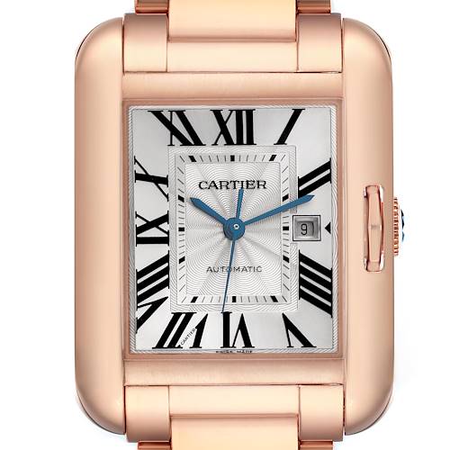 The Cartier Tank Anglaise model is shown from a front angle, highlighting its rectangular case, dial, and Roman numerals.