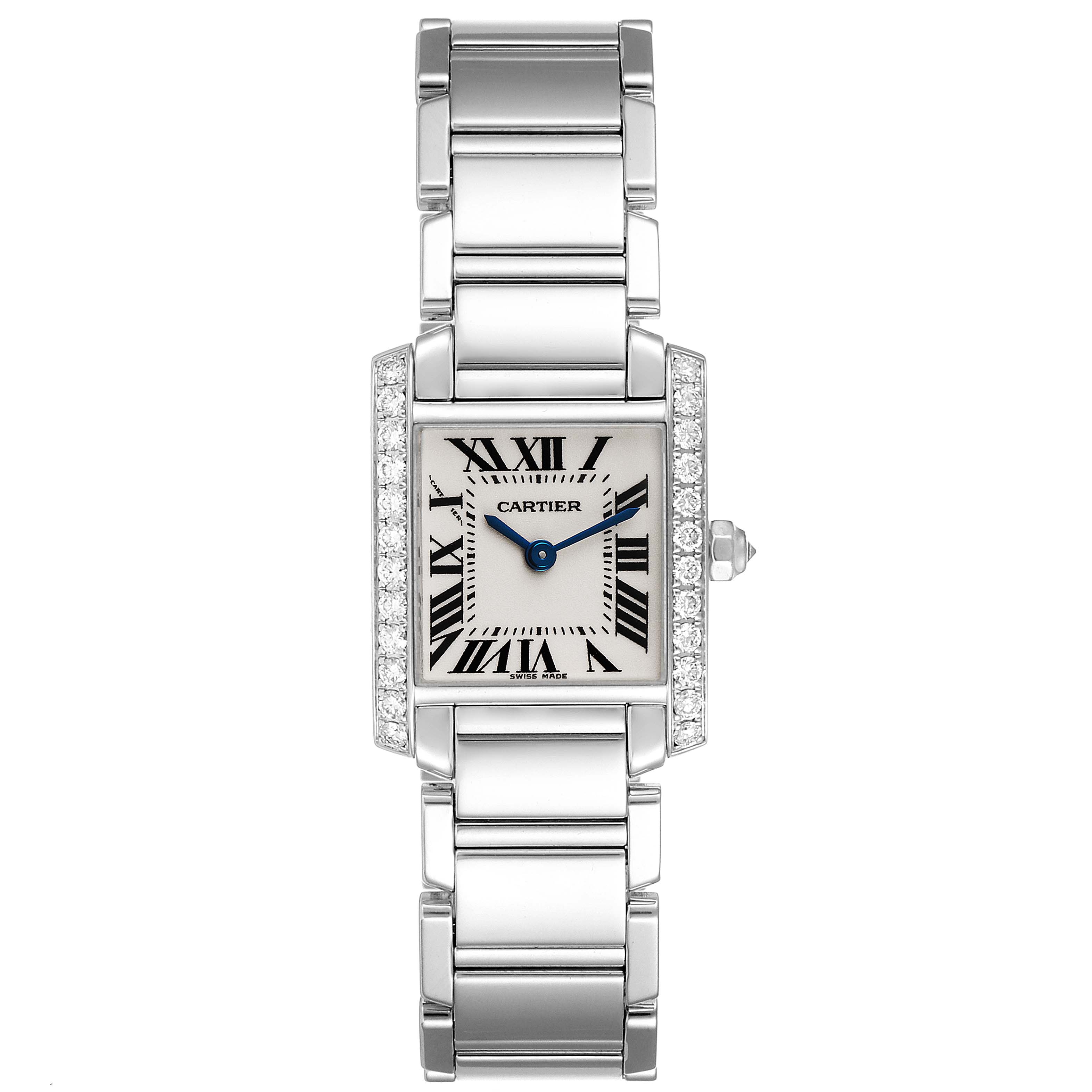 The image shows the Cartier Tank Francaise WE1002S3 Women's White Gold Silver Dial WE1002S3 Women's White Gold Silver Dial watch from a top view, featuring the face, bracelet, and crown.