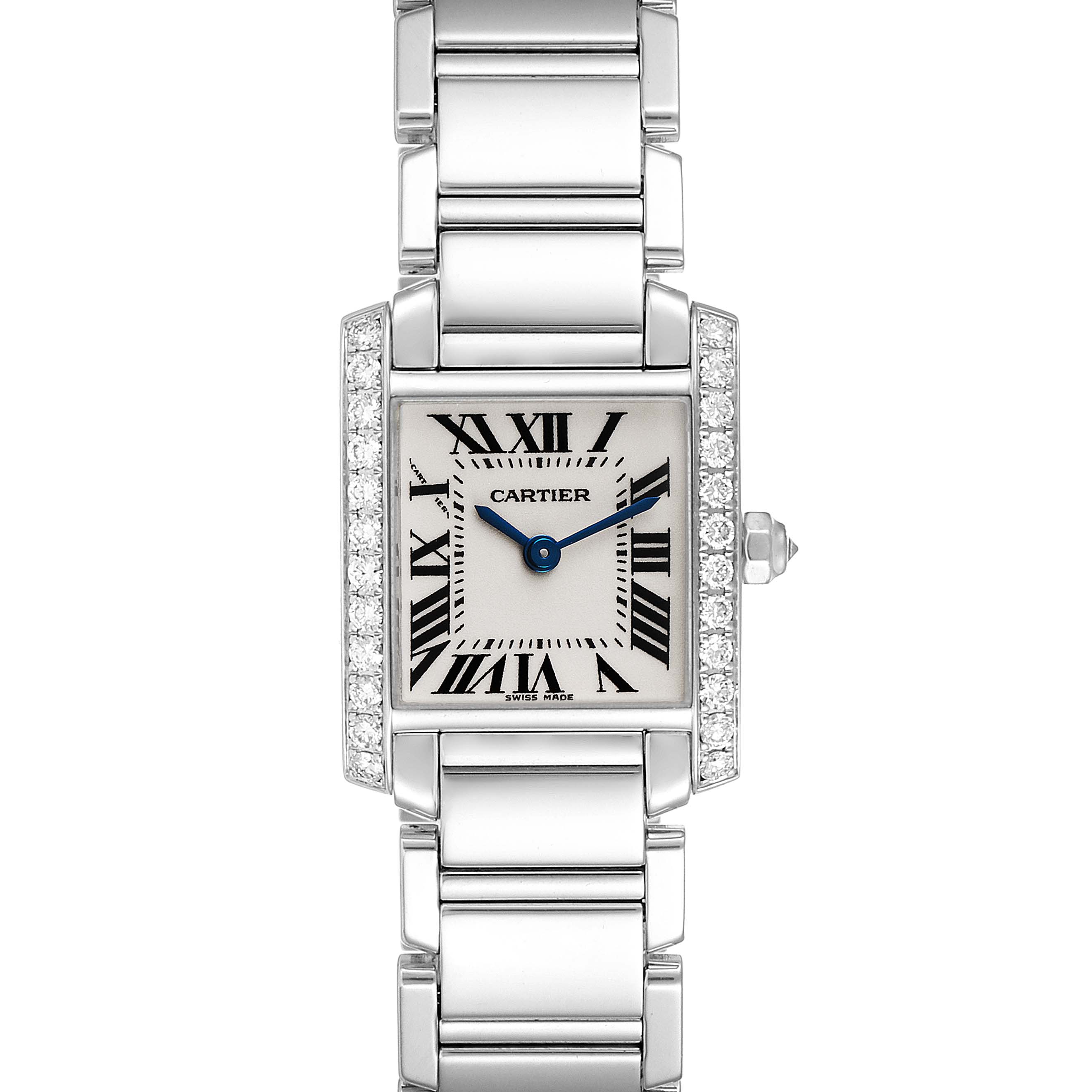 The image shows a Cartier Tank Francaise WE1002S3 Women's White Gold Silver Dial WE1002S3 Women's White Gold Silver Dial watch from a front angle, highlighting the face, case, and metal bracelet.