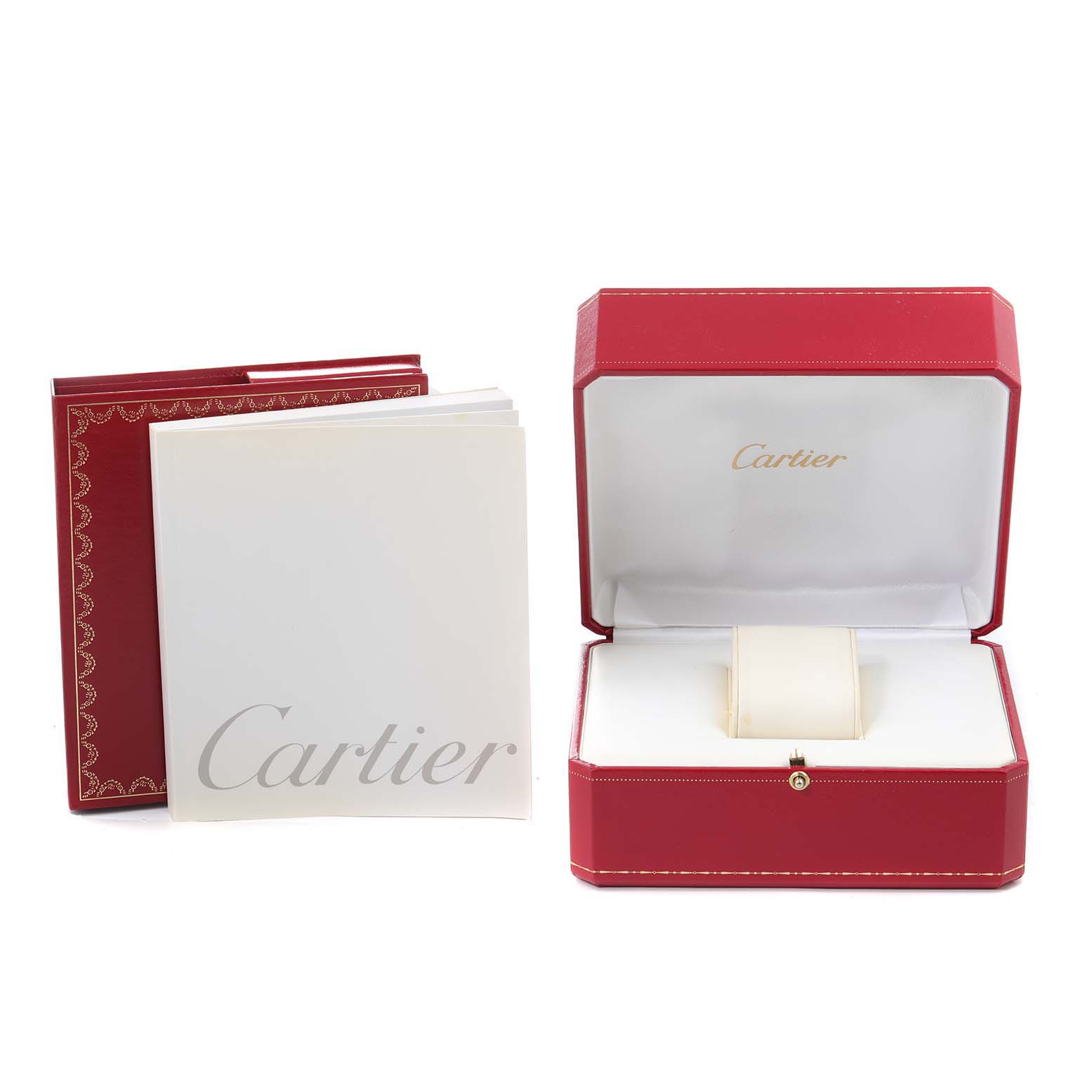 The image shows the packaging and booklet of a Cartier Tank Francaise WE1002S3 Women's White Gold Silver Dial WE1002S3 Women's White Gold Silver Dial watch, including the red box and instruction manuals.