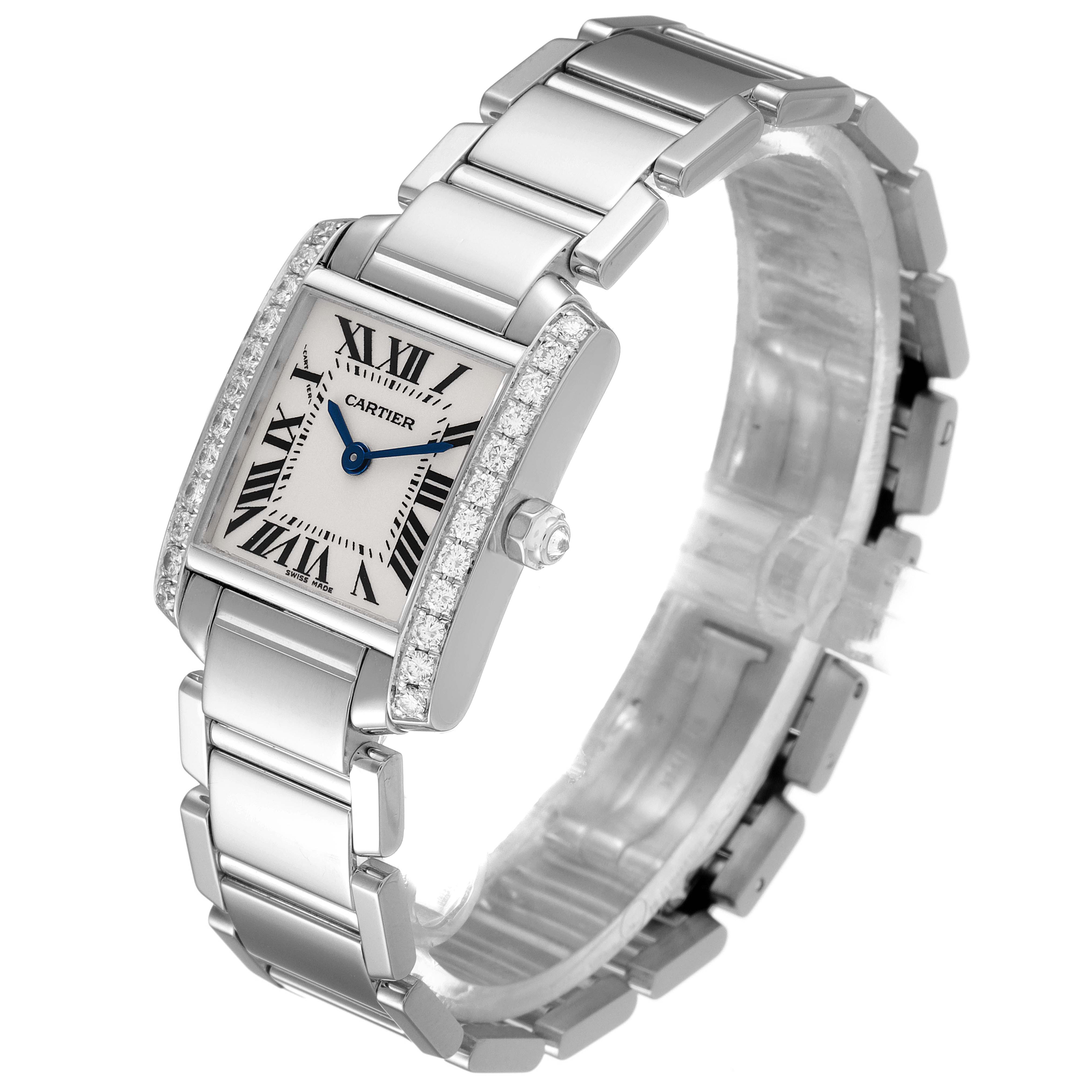 This image shows the face and bracelet of a Cartier Tank Française watch from an angled perspective.